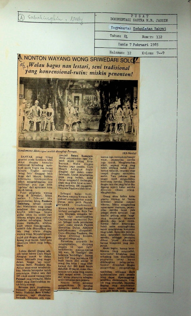 Nonton wayang wong sriwedari solo : walau bagus nan lestari, seni tradisional yang konvensional-rutin: miskin penonton!