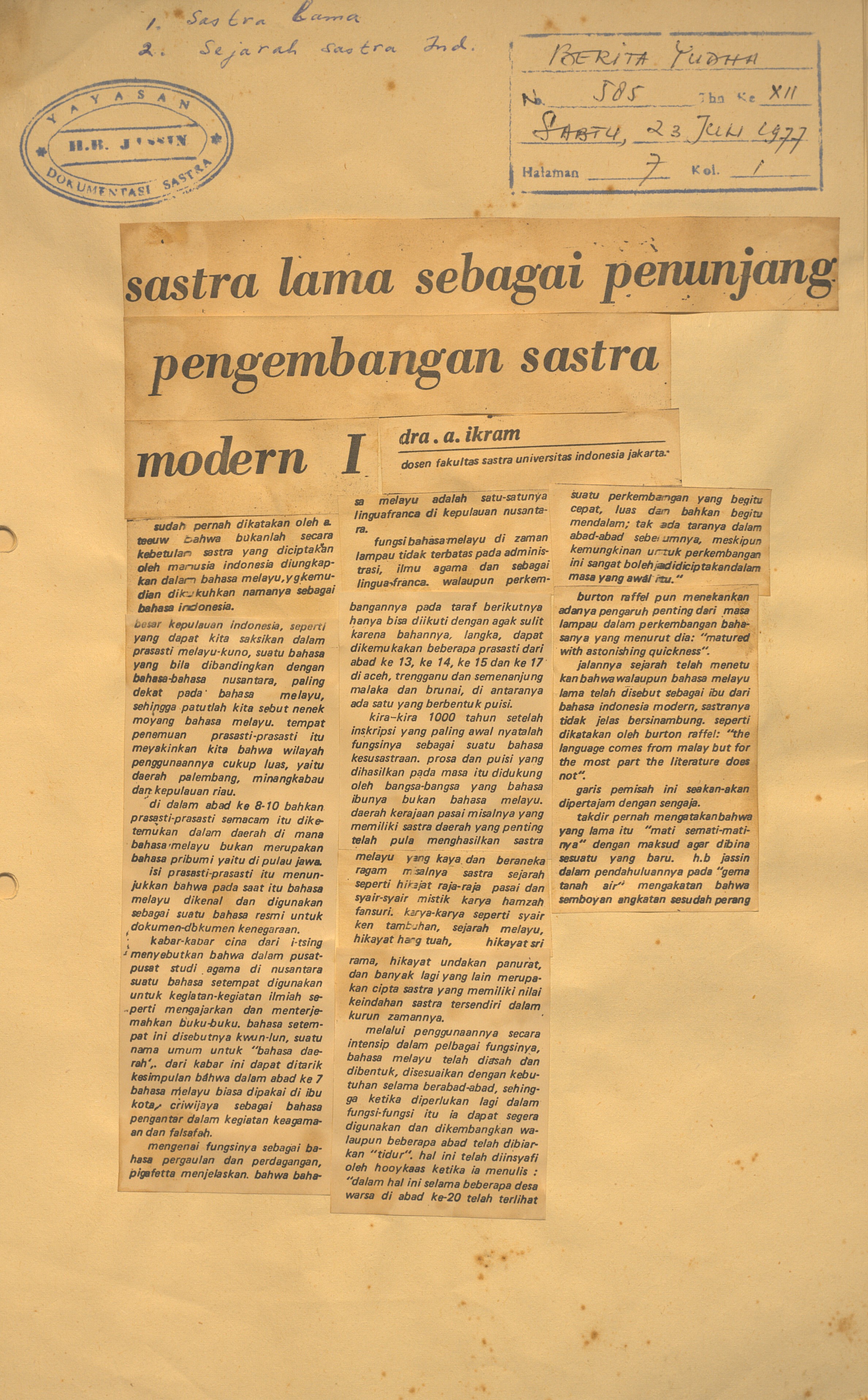 Sastra lama sebagai penunjang pengembangan sastra modern I