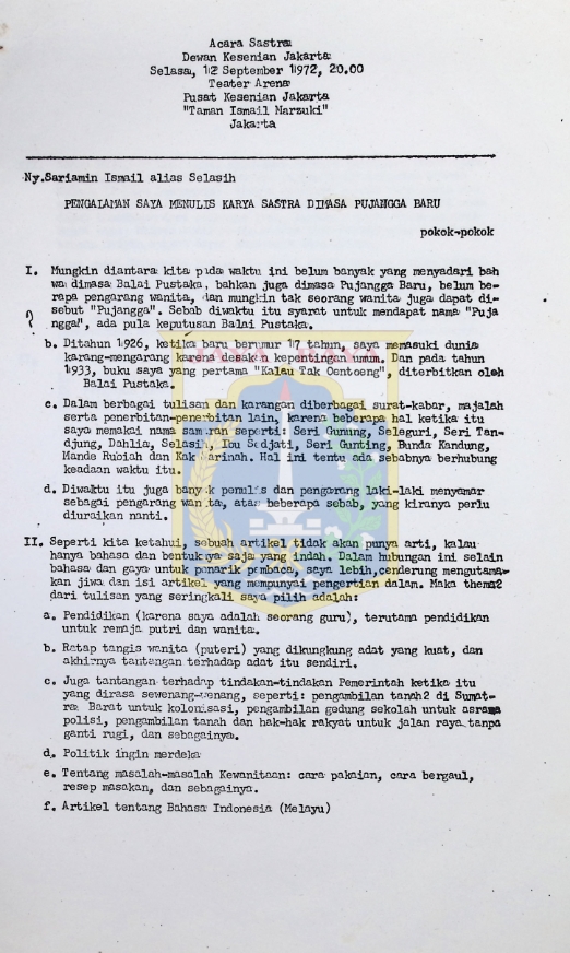 Ny. Sariamin Ismail alias Selasih : Pengalaman saya menulis karya sastra dimasa pujangga itu