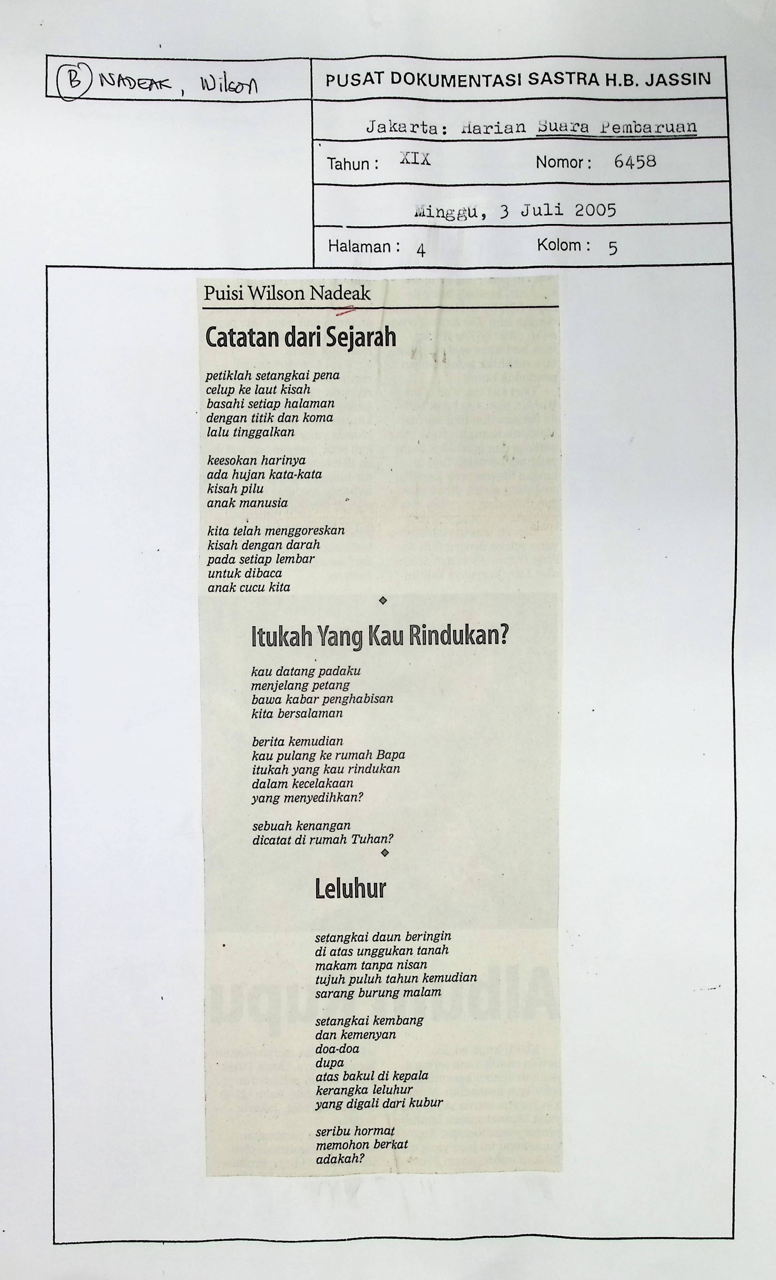 Puisi Wilson Nadeak : Catatan dari sejarah
