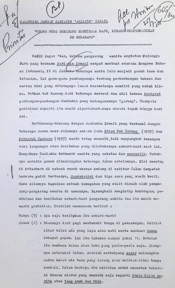 Wawancara dengan Sariamin 'Selasih' Ismail : Orang muda sekarang bertindak maju, kurang memperhatikan ke belakang