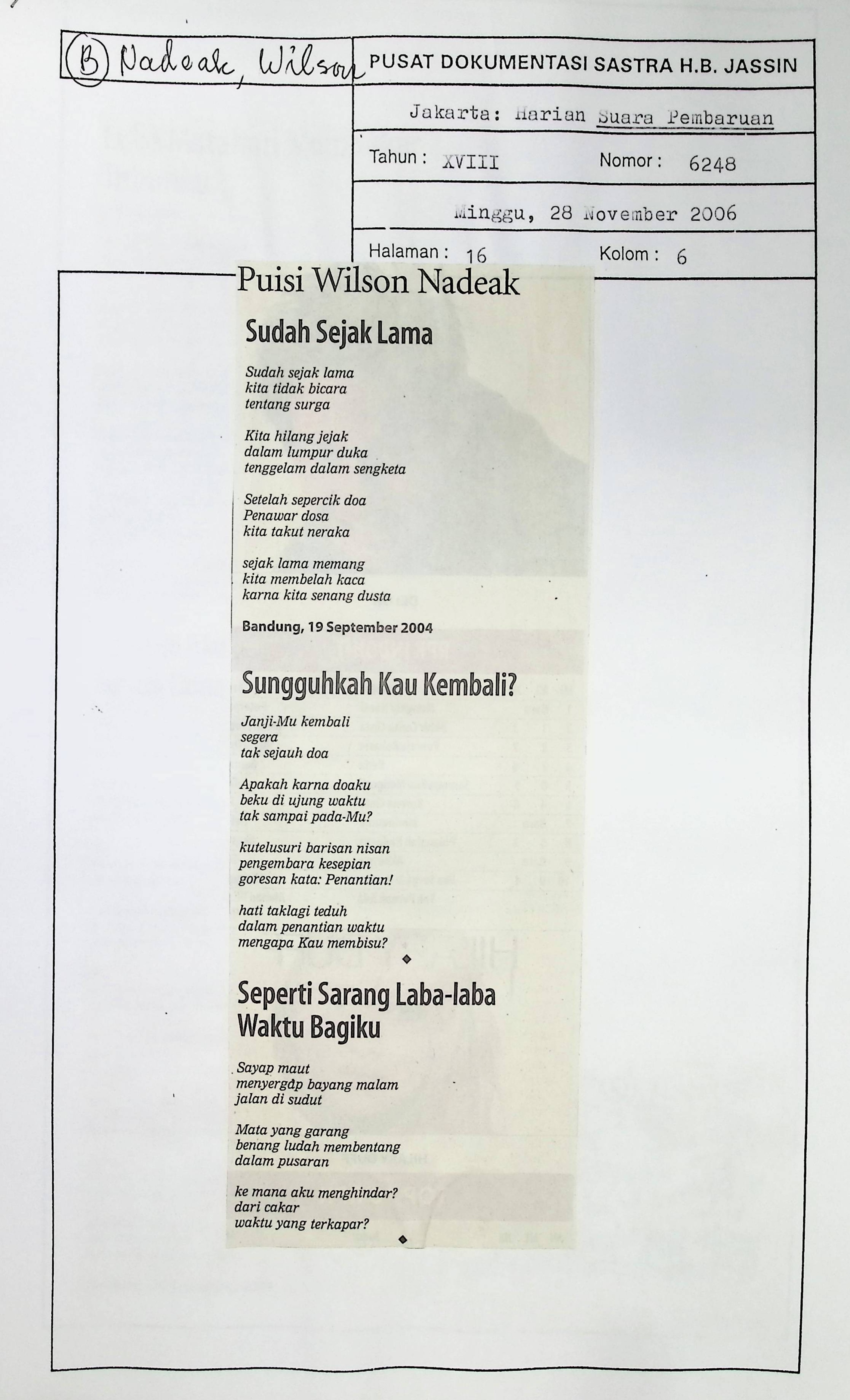Puisi Wilson Nadeak : Sudah sejak lama