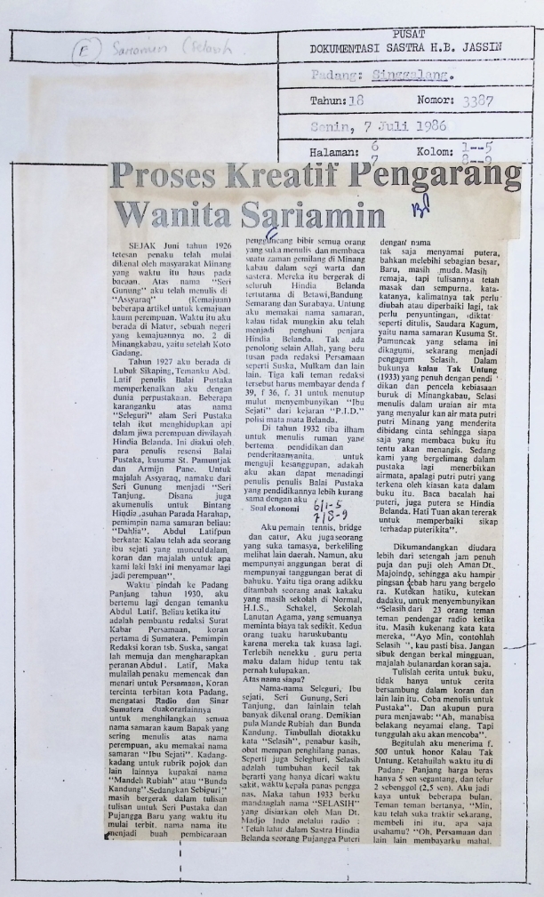 Proses Kreatif Pengarang Wanita Sariamin