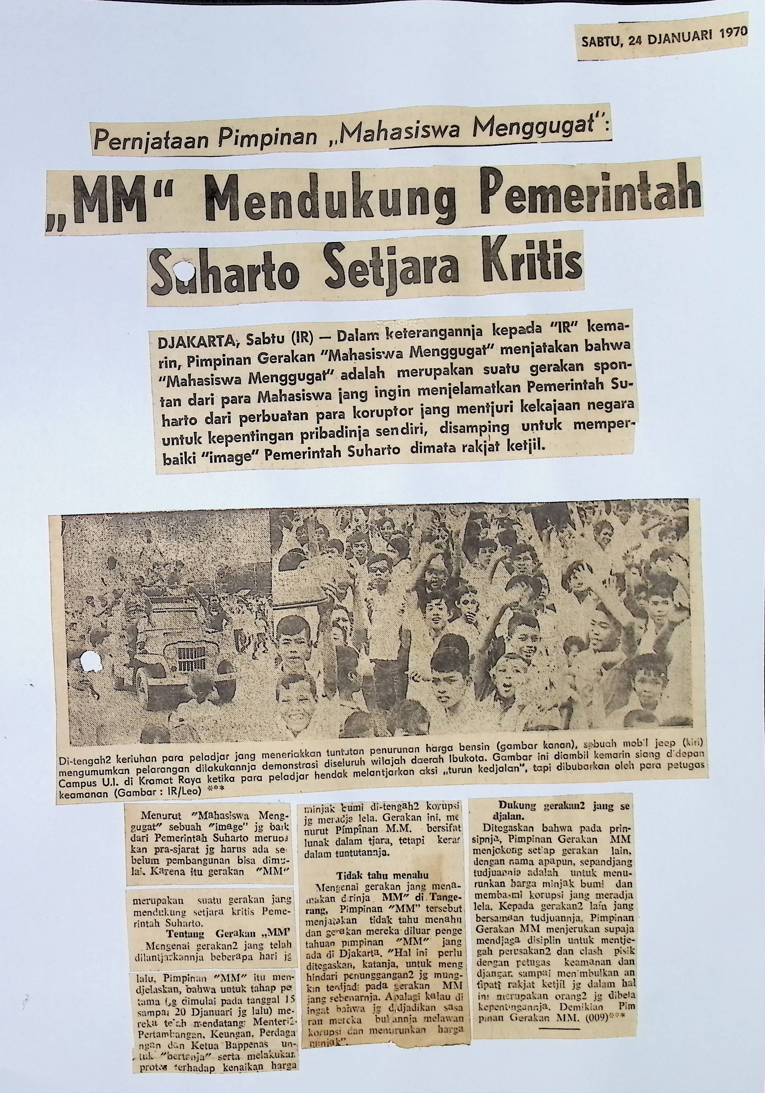 Pernyataan ,,mahasiswa'' : menggugat ,,MM'' mendukung pemerintah Suharto secara kritis