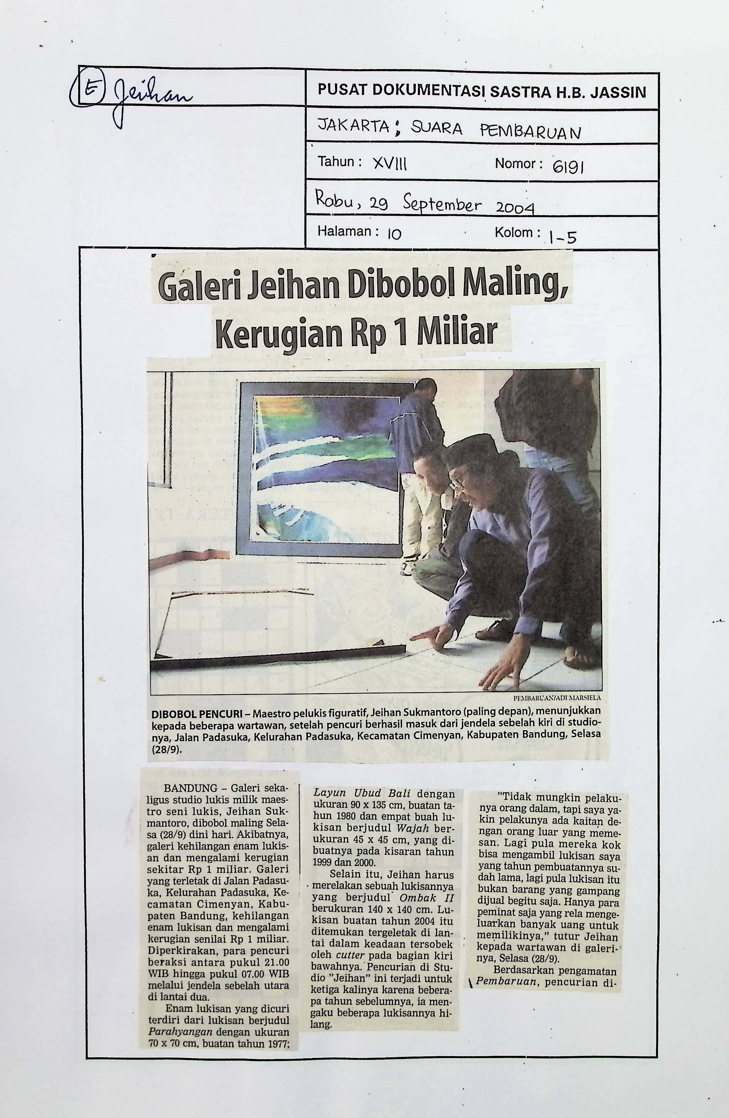 Galeri Jeihan dibobol maling, kerugian Rp 1 Miliar