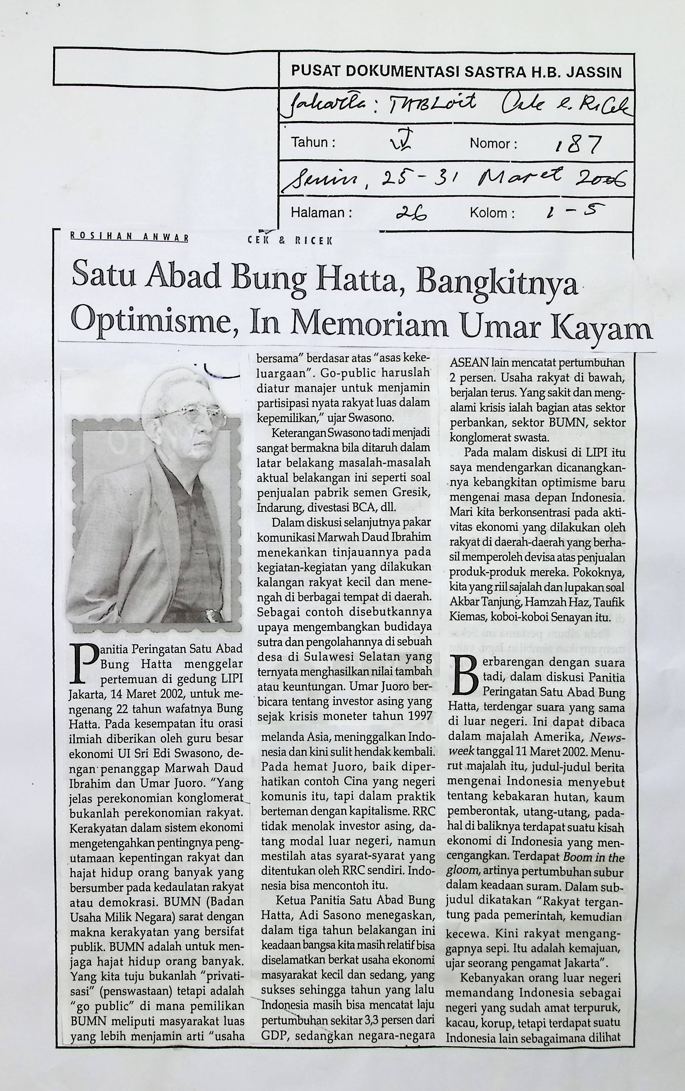 Satu abad Bung Hatta, bangkitnya optimisme, in memoriam Umar Kayam