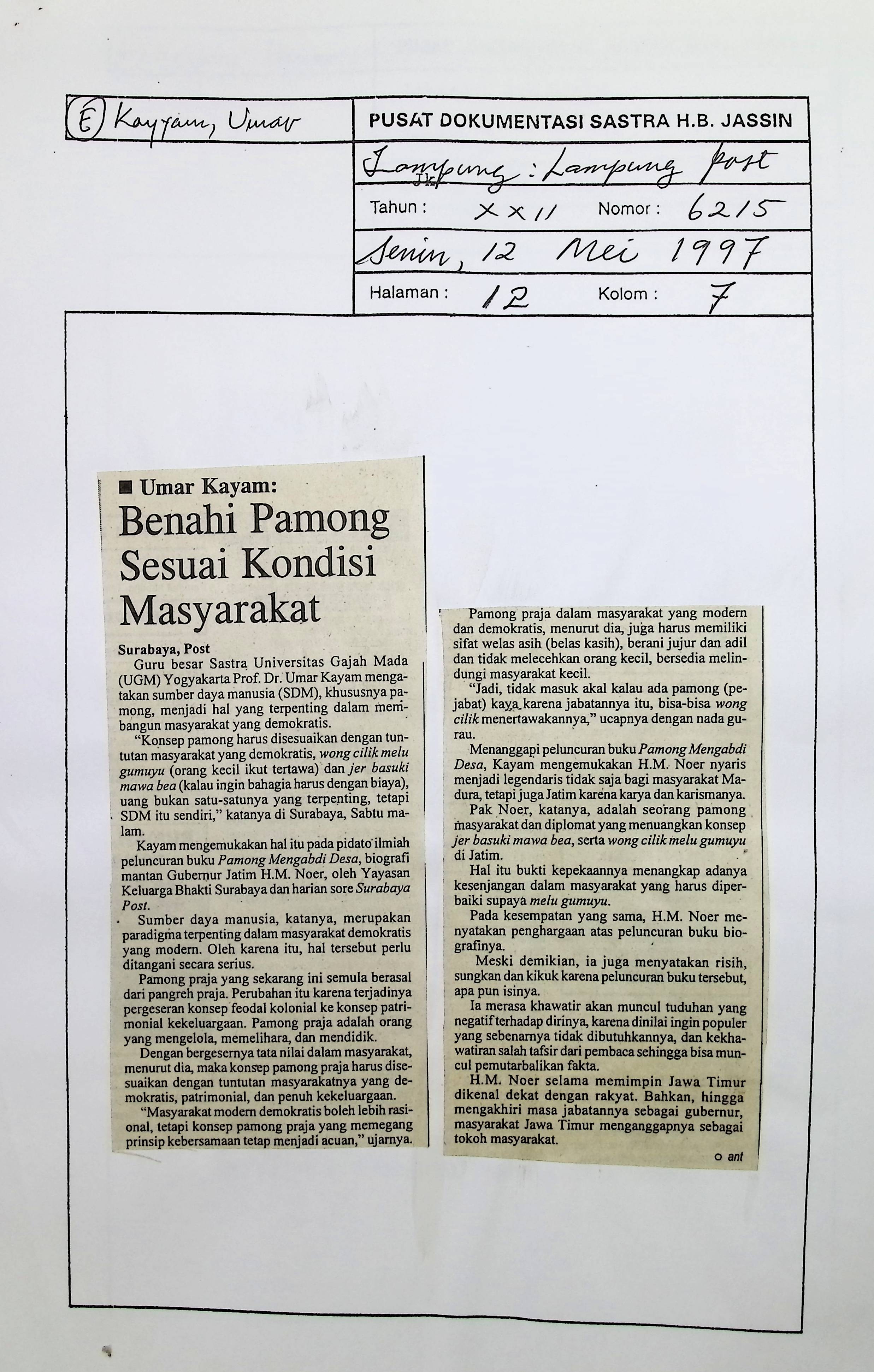 Umar Kayam, benahi pamong sesuai kondisi masyarakat