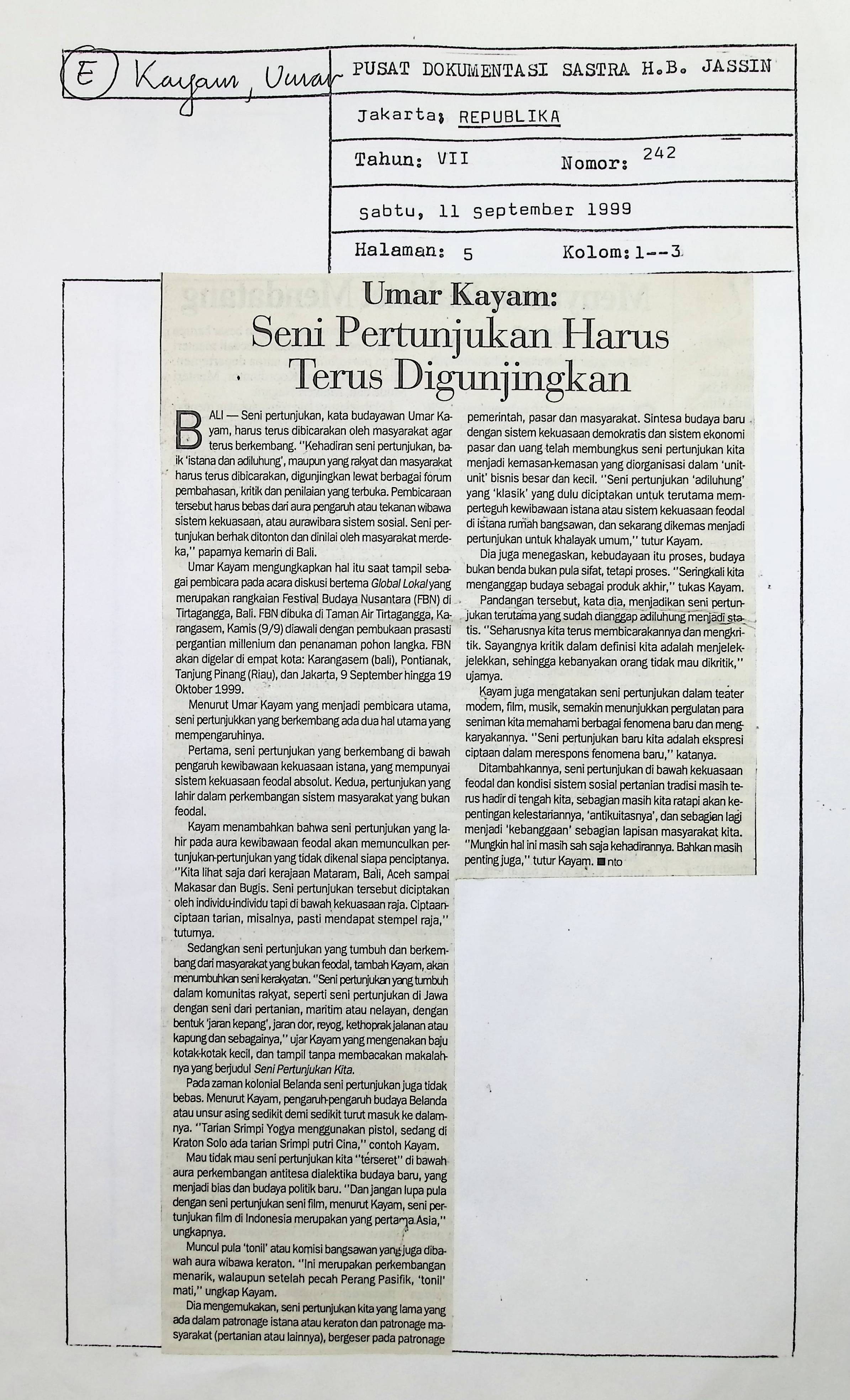 Umar kayam, seni pertunjukan harus terus digunjingkan