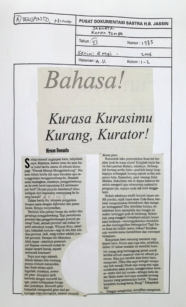 Bahasa! : kurasa kurasimu kurang, kurator
