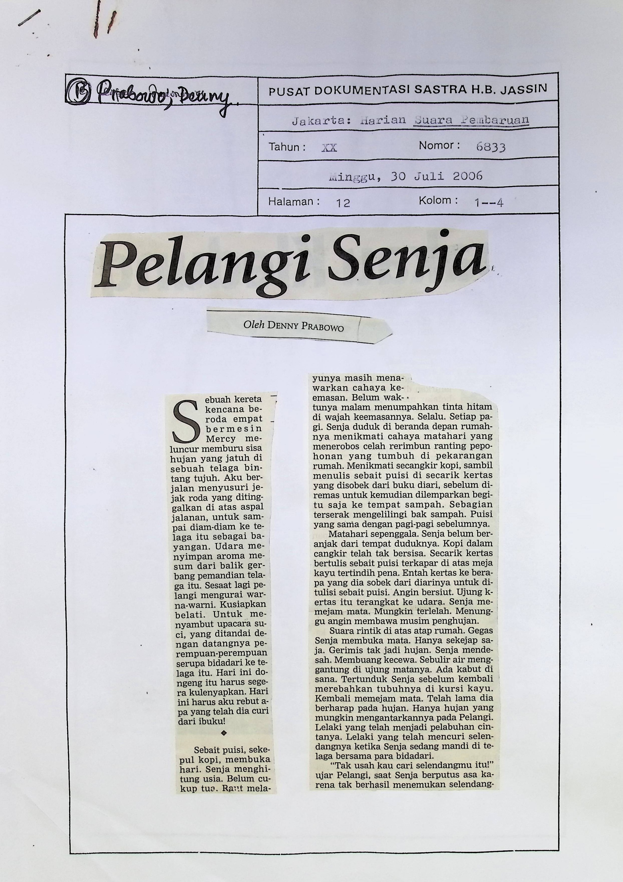 Pelangi senja : Cerpen karya Denny Prabowo