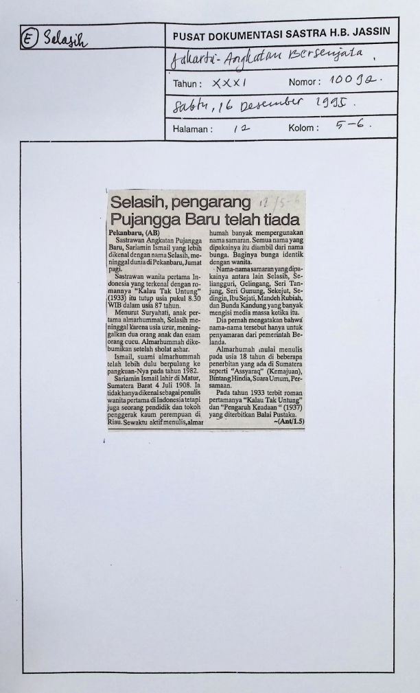 Selasih, pengarang pujangga baru telah tiada