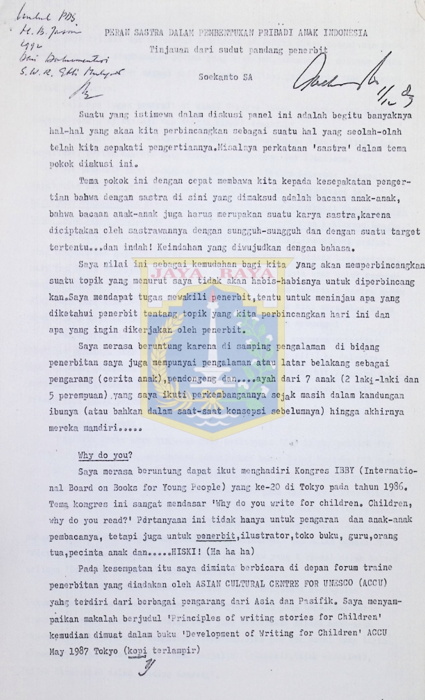 Peran sastra dalam pembentukan pribadi anak Indonesia tujuan dari sudut pandang penerbit