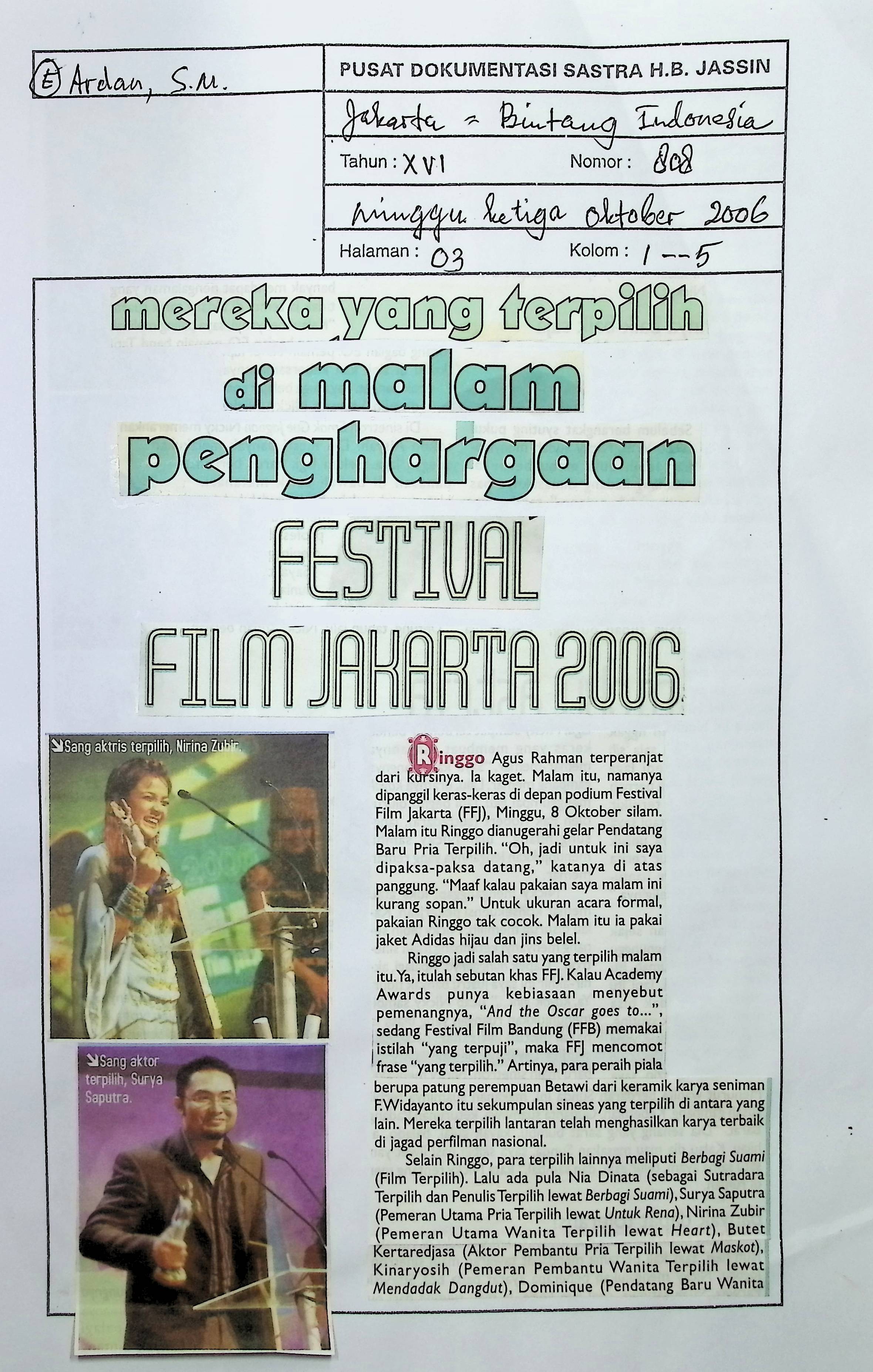 Mereka yang terpilih dimalam penghargaan festifal film Jakarta 2006