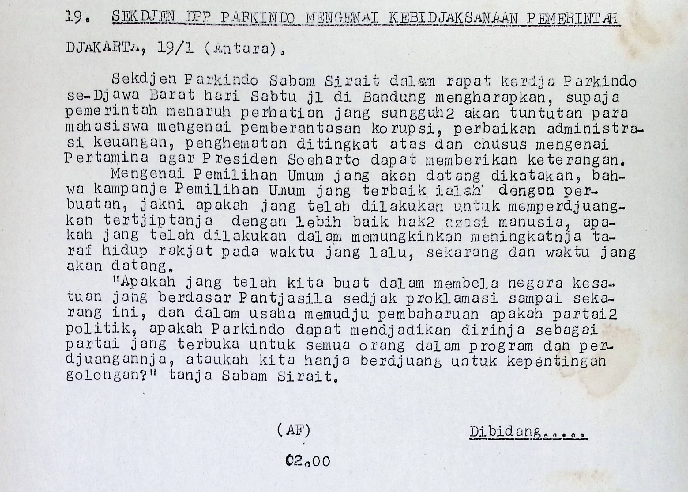 Sekjen DPP Parkindo mengenai kebijaksanaan pemerintah