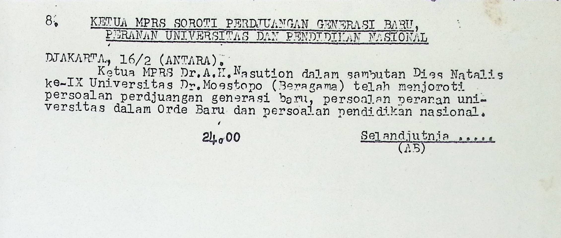 Ketua MPRS soroti perjuangan generasi baru, peranan Universitas dan Pendidikan Nasional