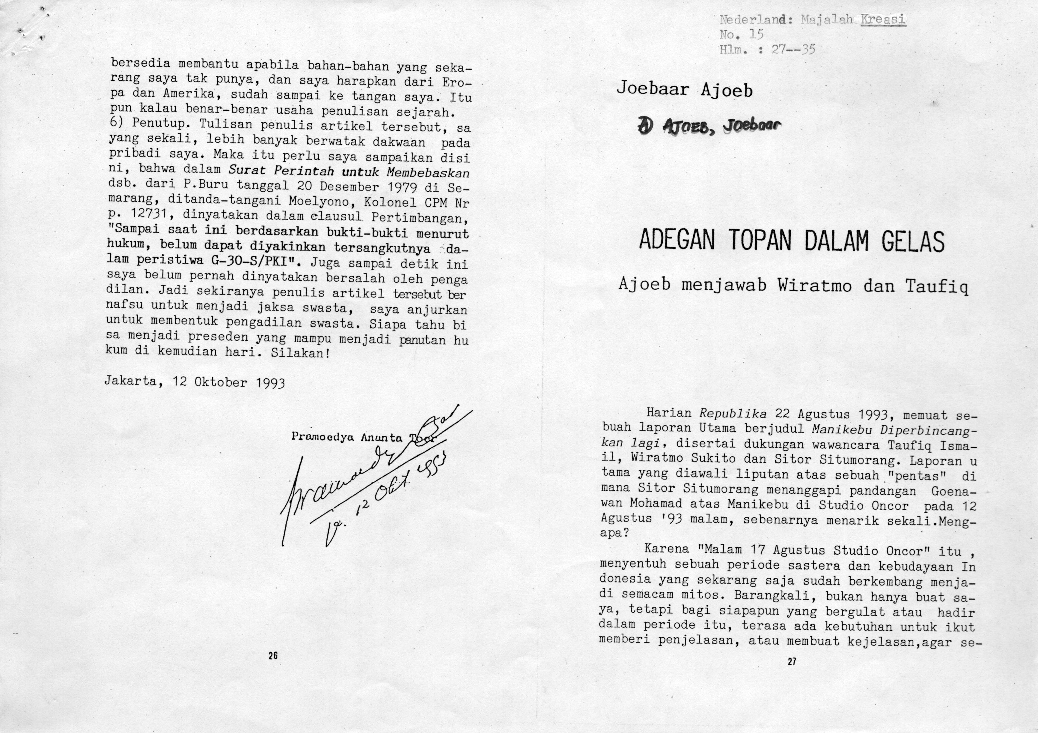 Adegan topan dalam gelas : Ajoeb menjawab Wiratmo dan Taufiq