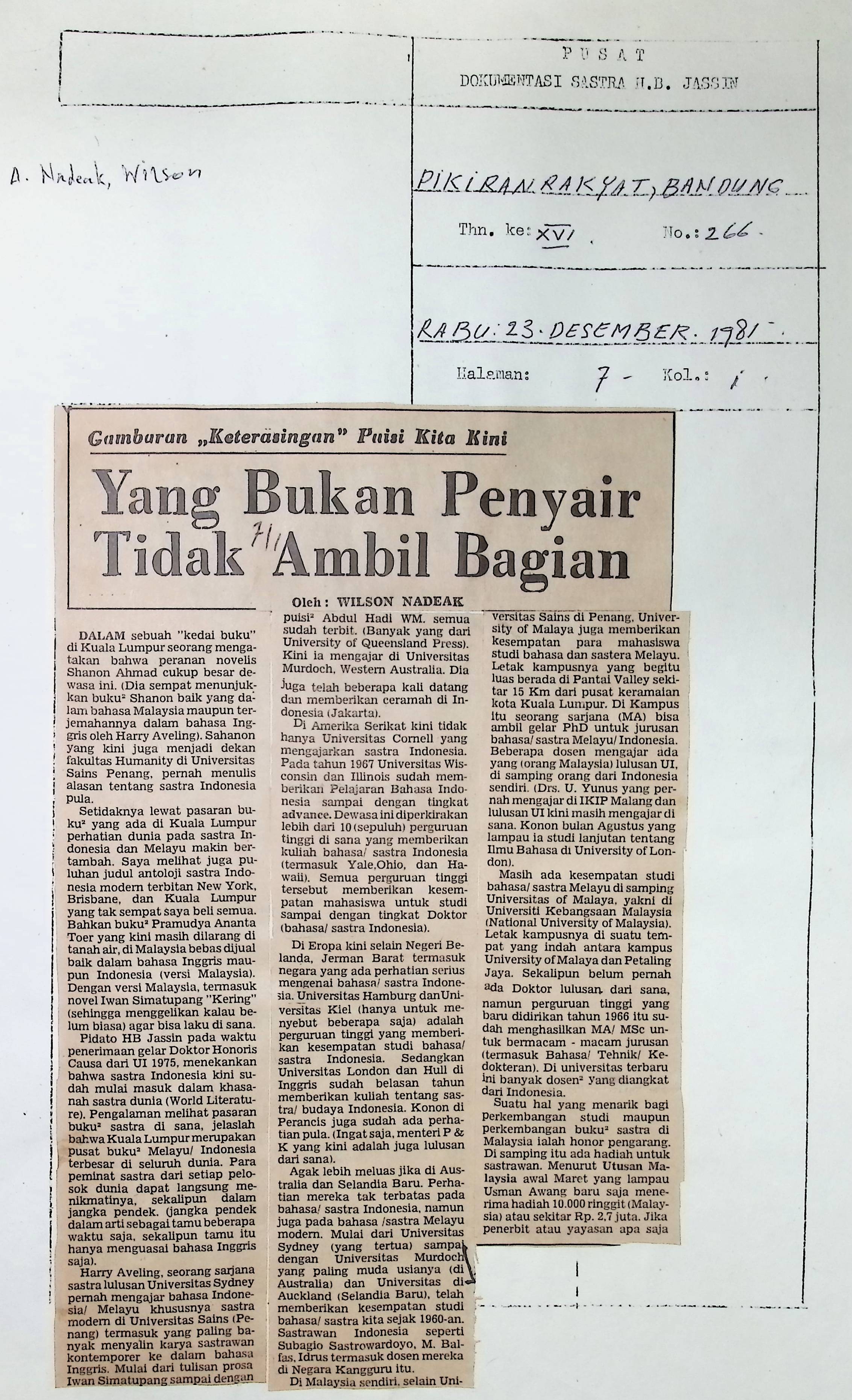 Gambaran "keterasingan" puisi kita kini : Yang bukan penyair tidak ambil bagian