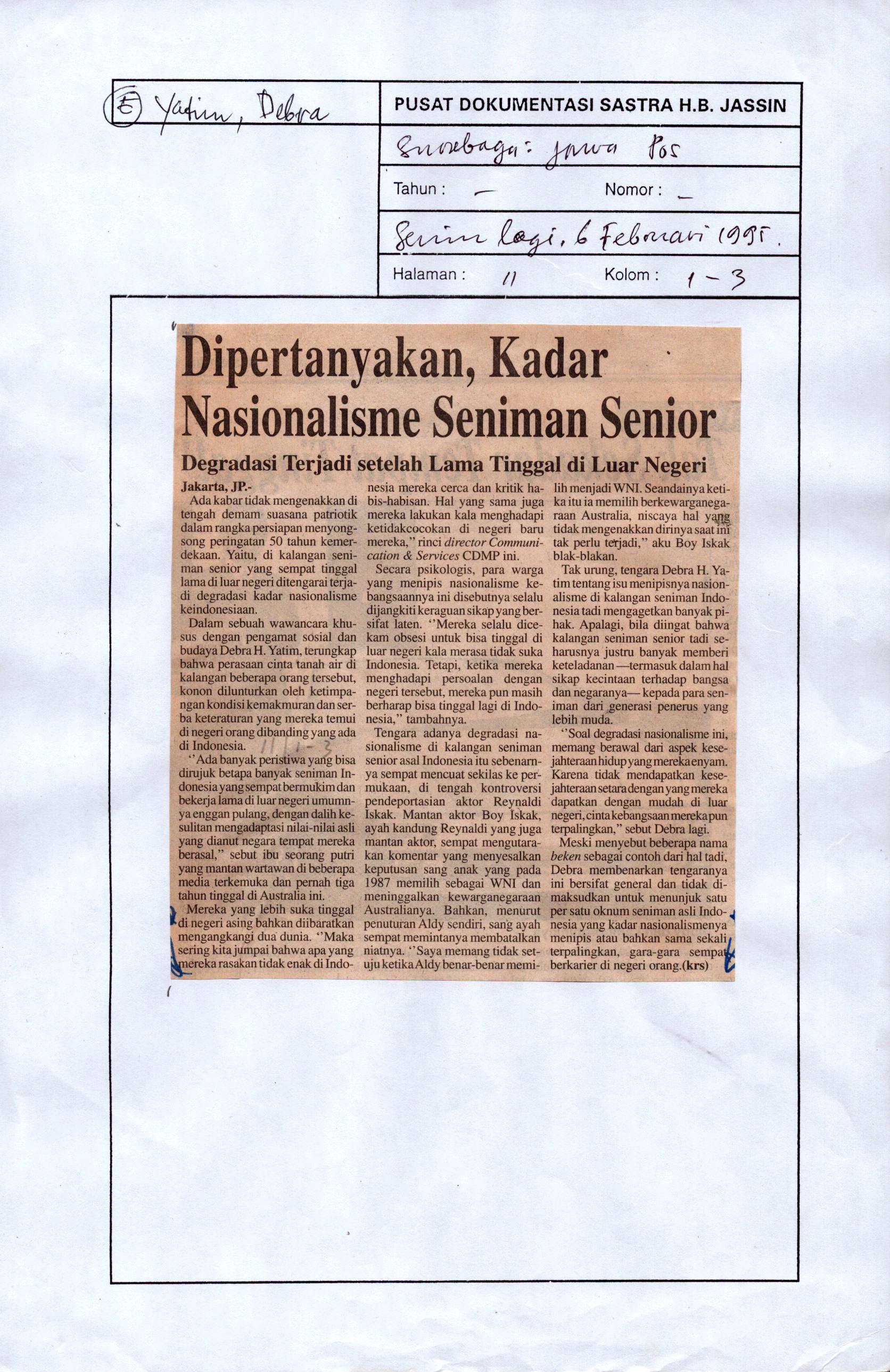 Dipertanyakan, kadar nasionalisme seniman senior :  degradasi terjadi setelah lama tinggal di luar negeri