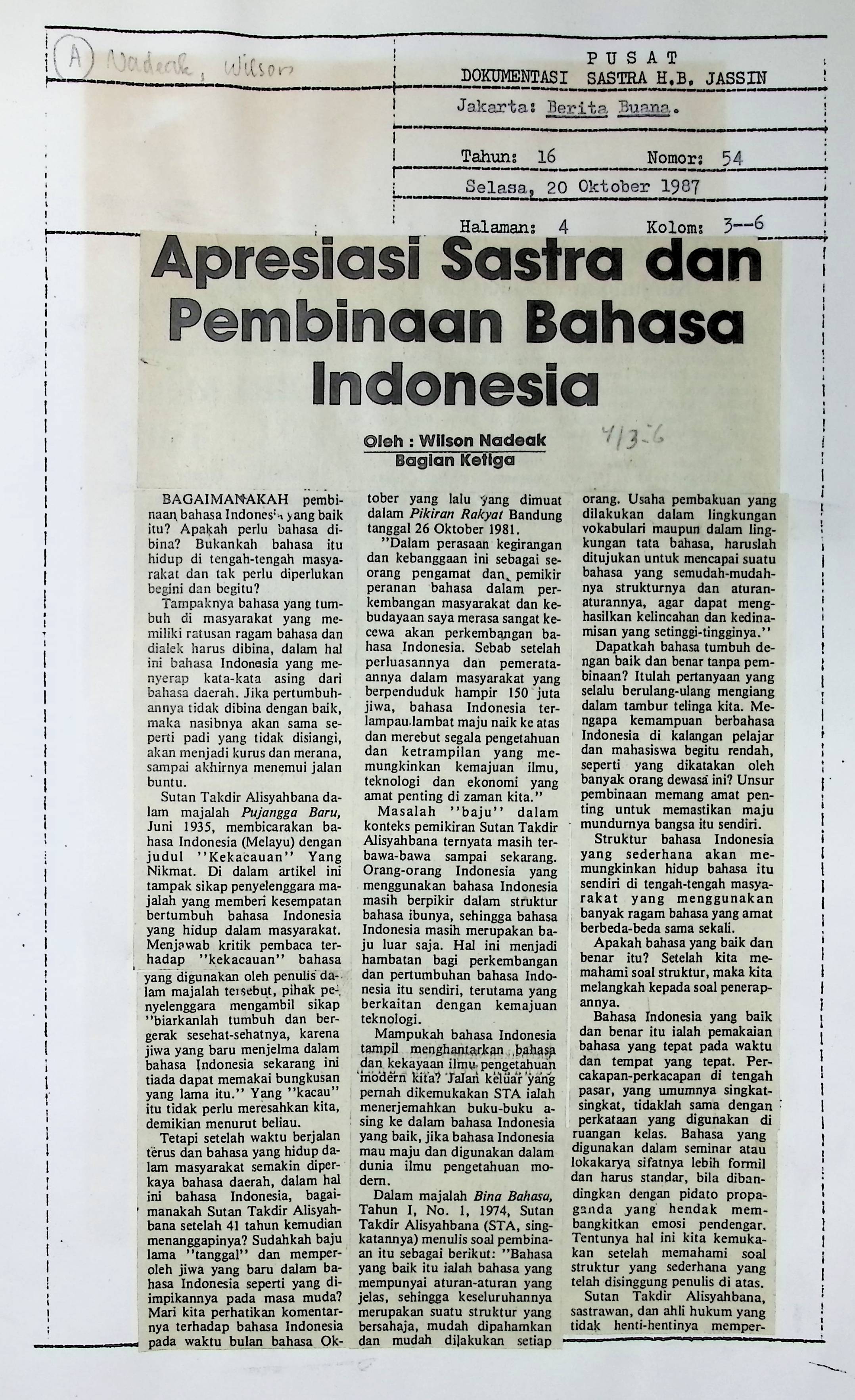 Apresiasi sastra dan pembinaan Bahasa Indonesia (bag 3)