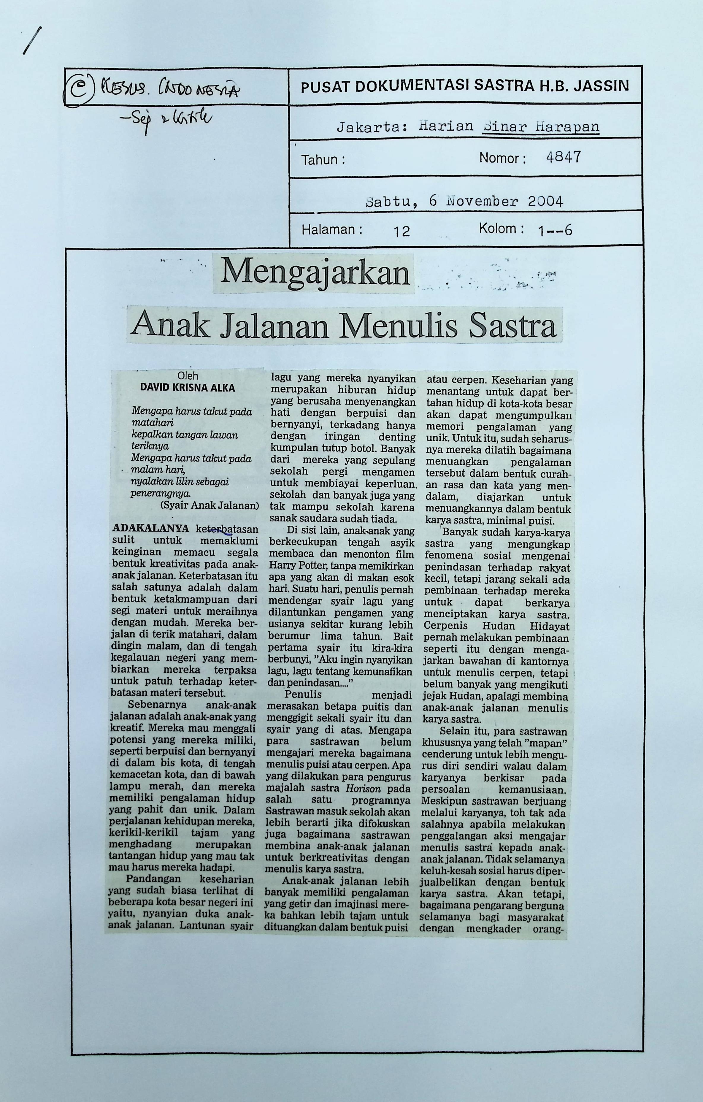 Mengajarkan anak jalanan menulis sastra