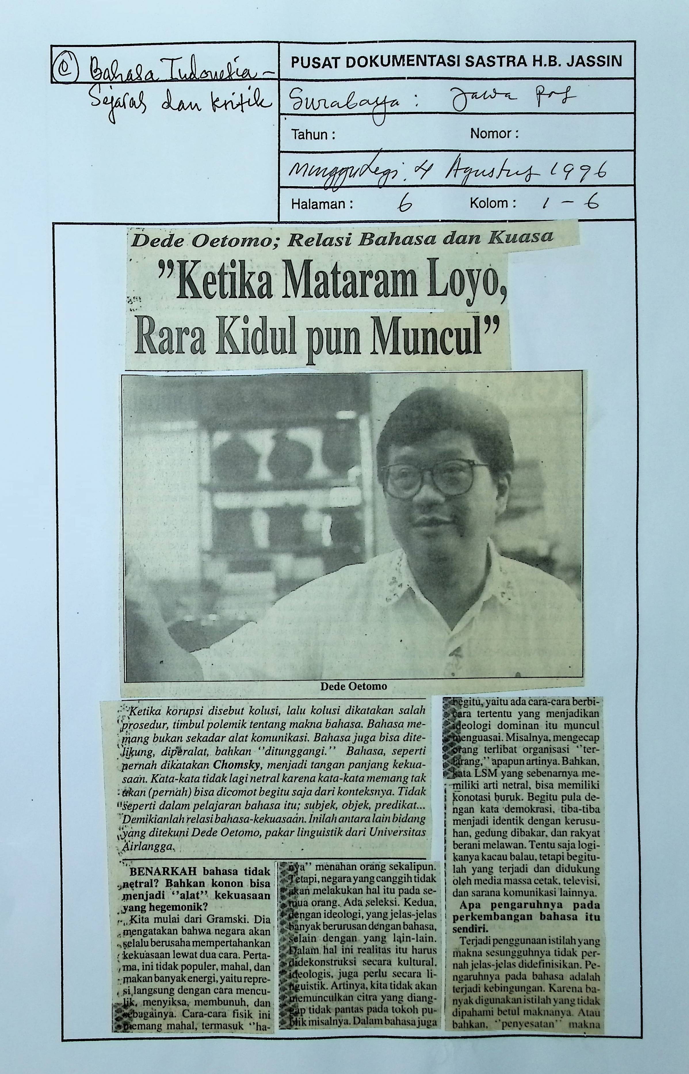 Dede Oetomo. Relasi bahasa dan kuasa. ketika Mataram loyo,Rara kidul pun muncul