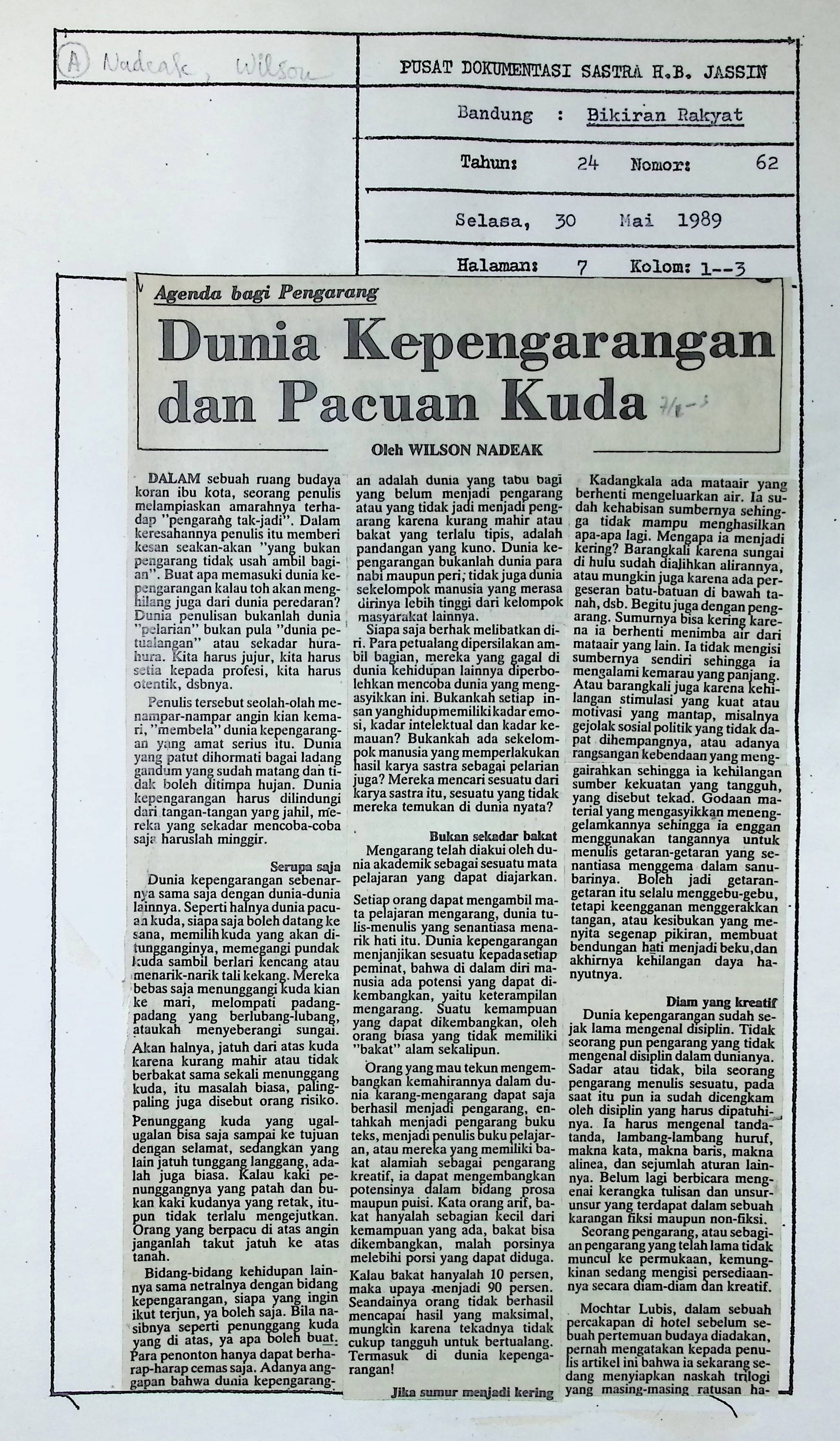 Agenda bagi pengarang : Dunia kepengarangan dan pacuan kuda