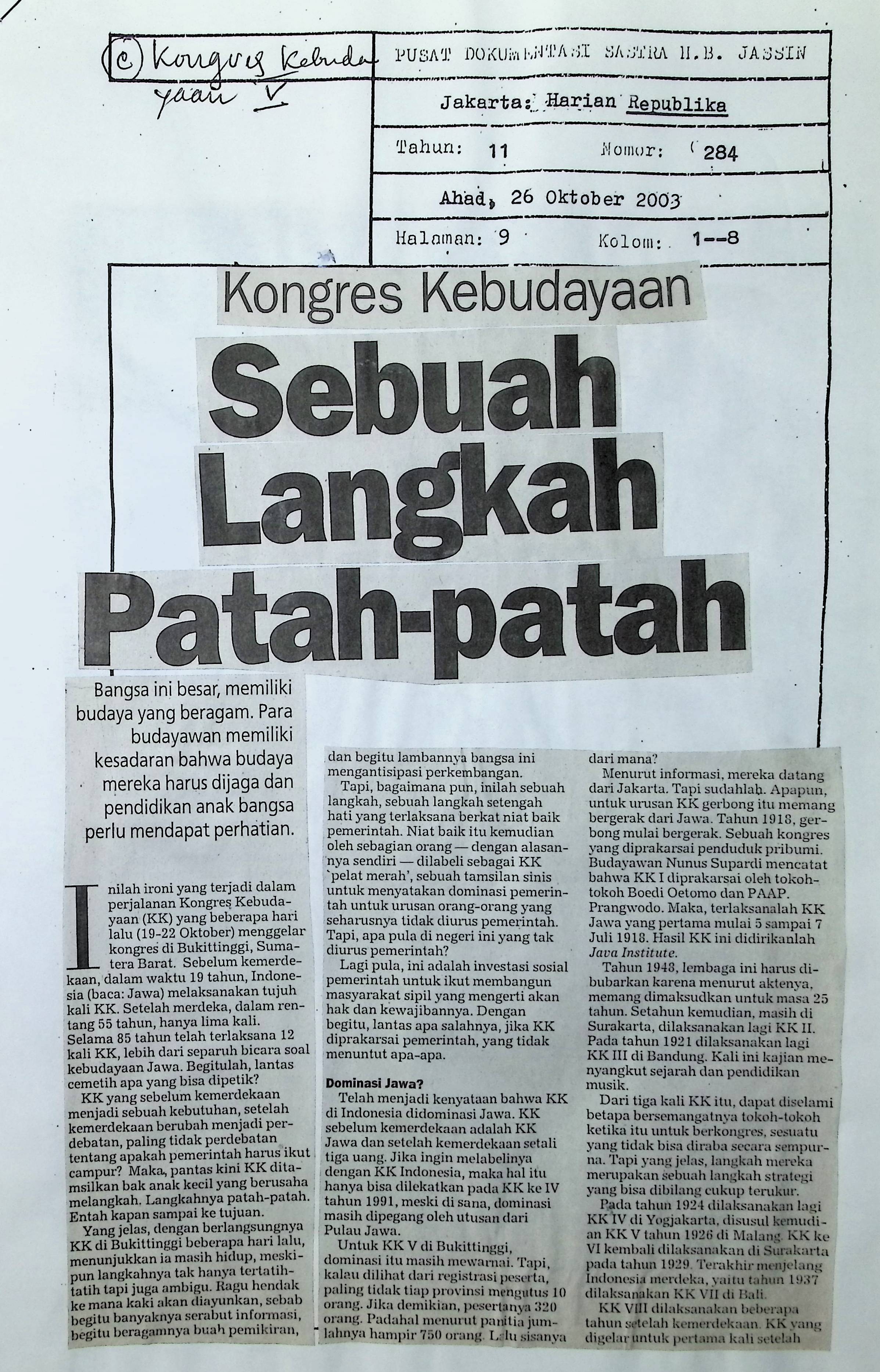 Kongres kebudayaan. Sebuah langkah patah-patah