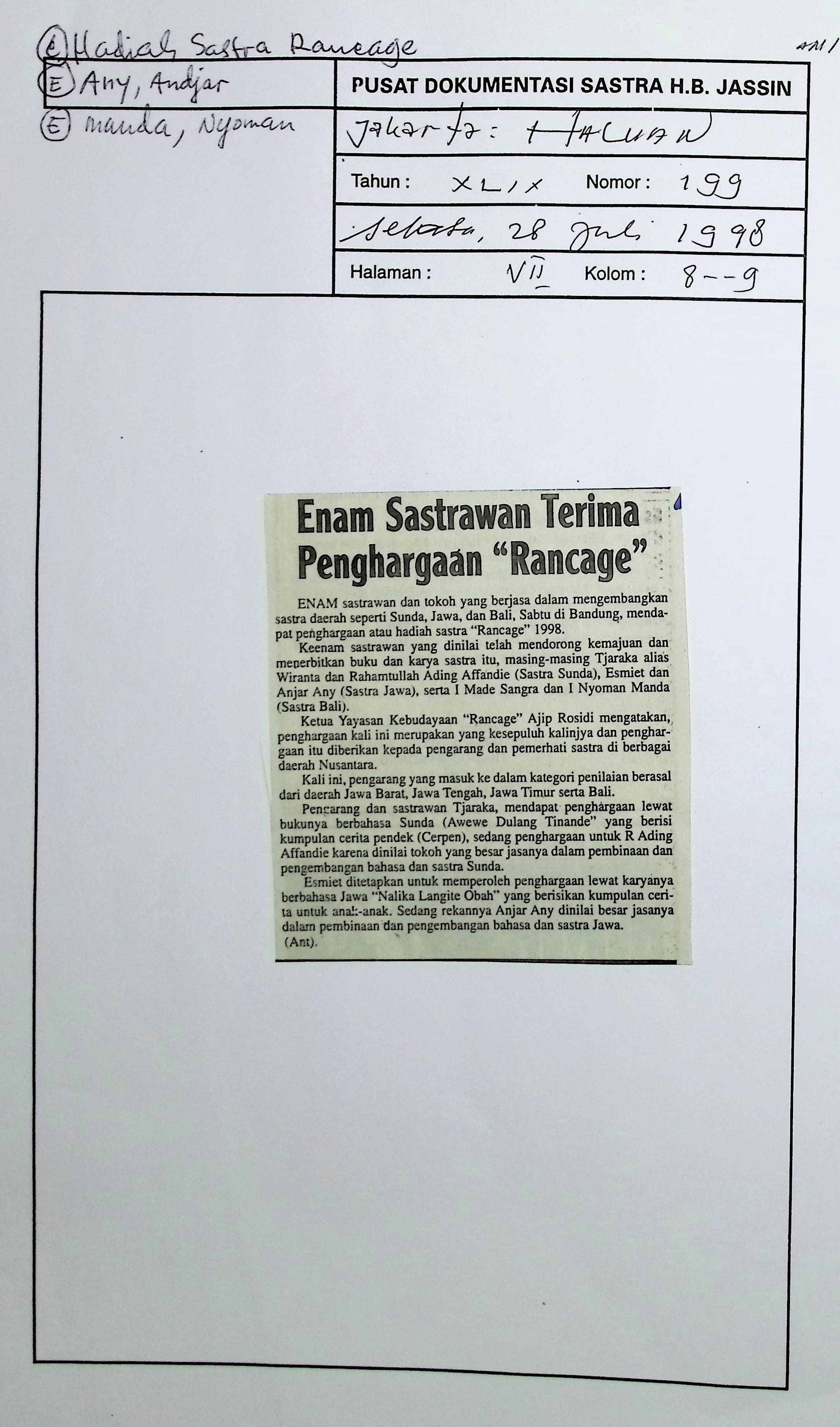 Enam sastrawan terima penghargaan Rancage