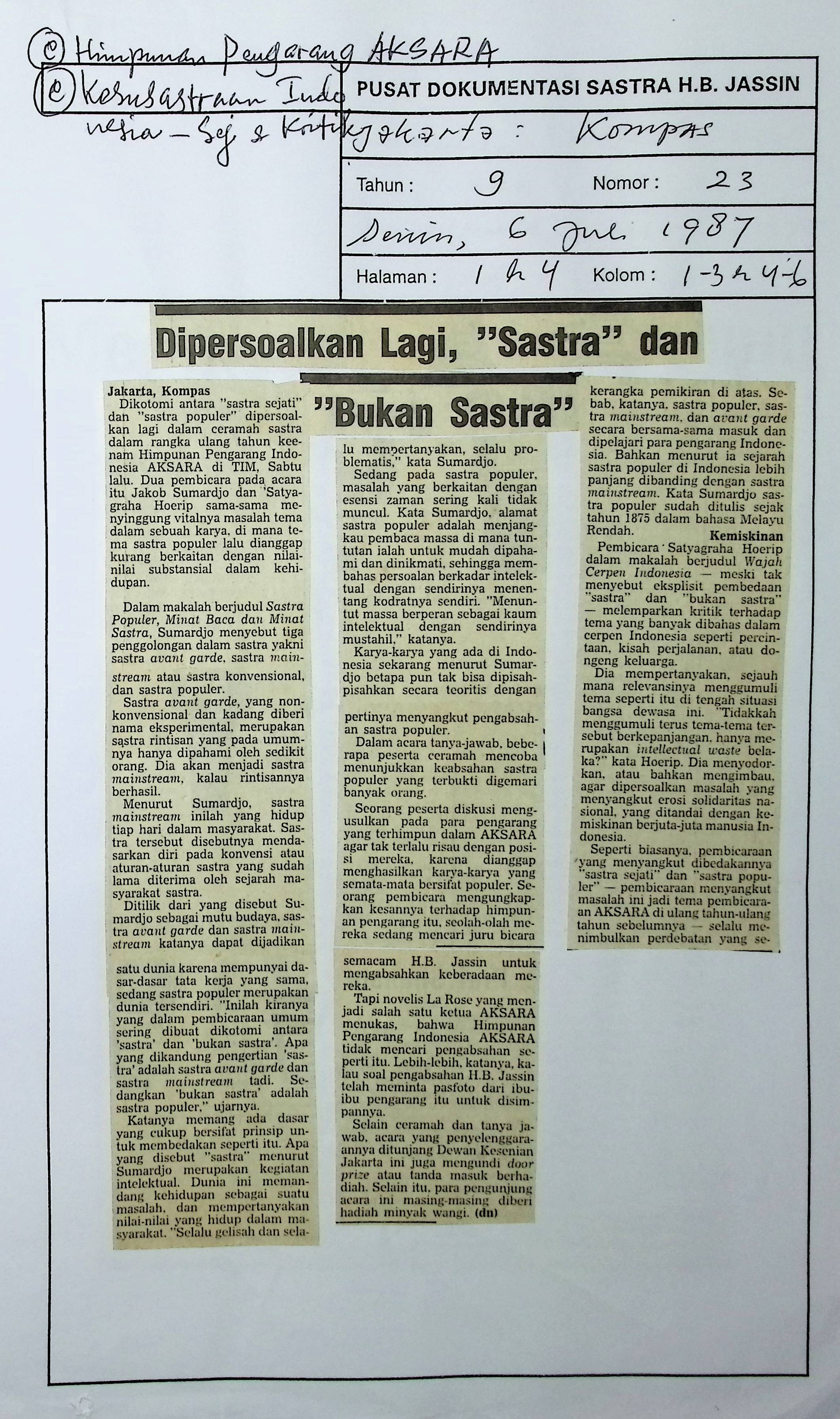 Dipersoalkan lagi sastra dan bukan sastra