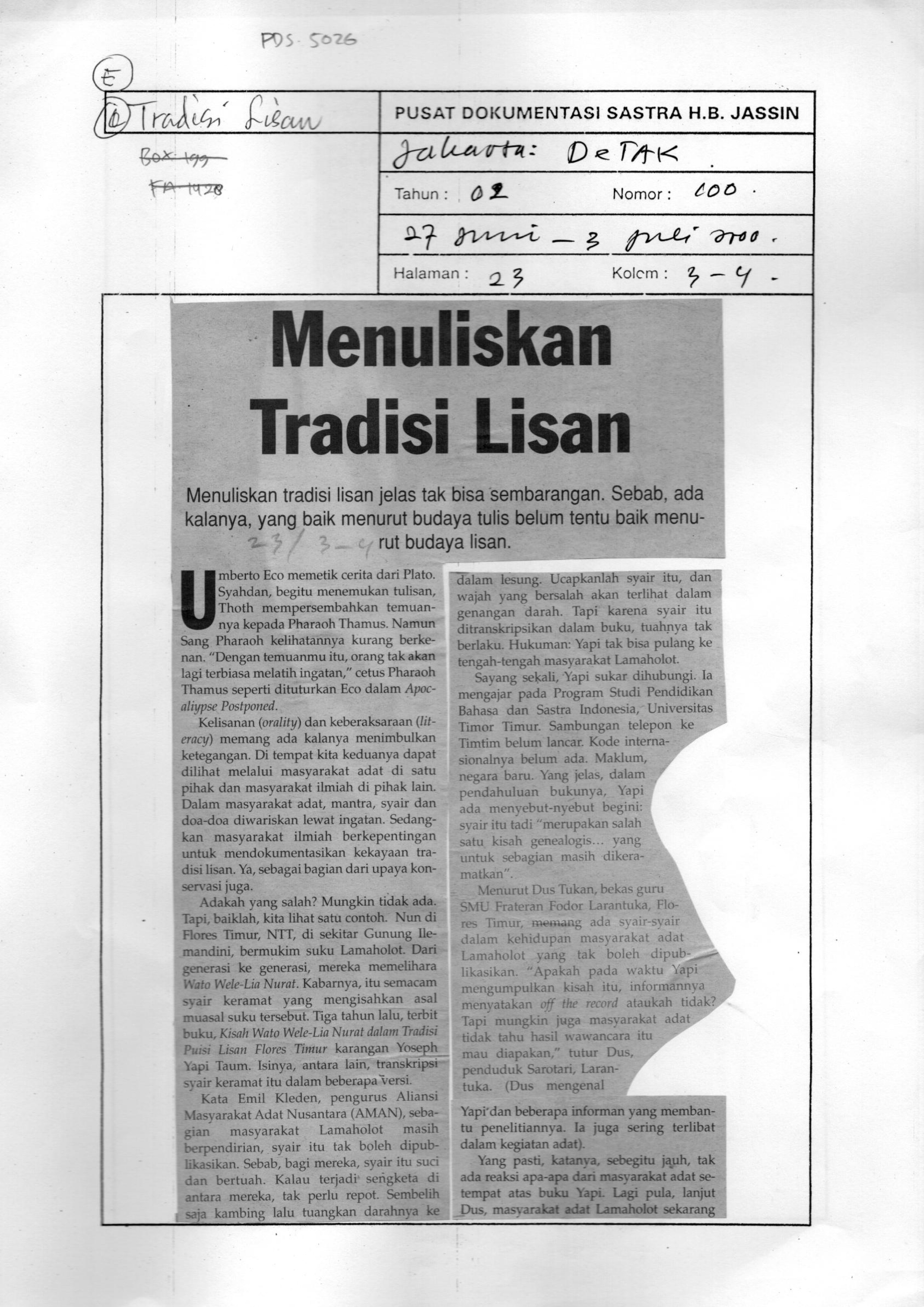 Menuliskan tradisi lisan