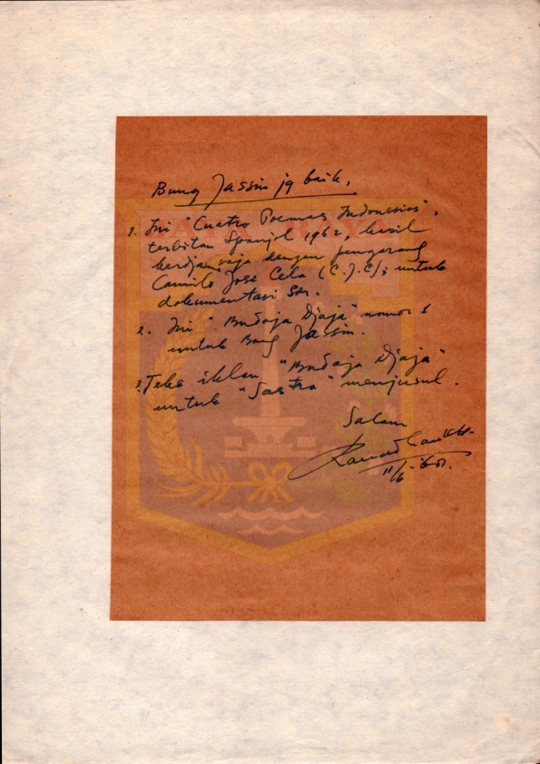 Surat dari Ramadhan K.H. kepada H.B. Jassin mengenai kiriman cerita