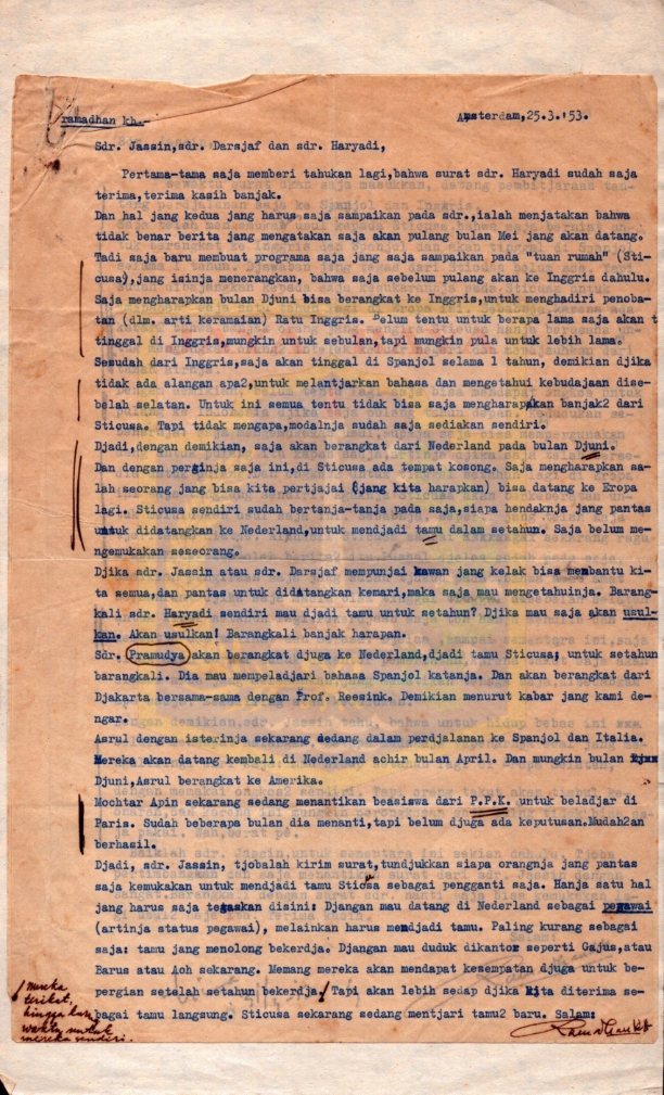Surat dari Ramadhan K.H. kepada H.B. Jassin mengenai ajakan ke Nederland