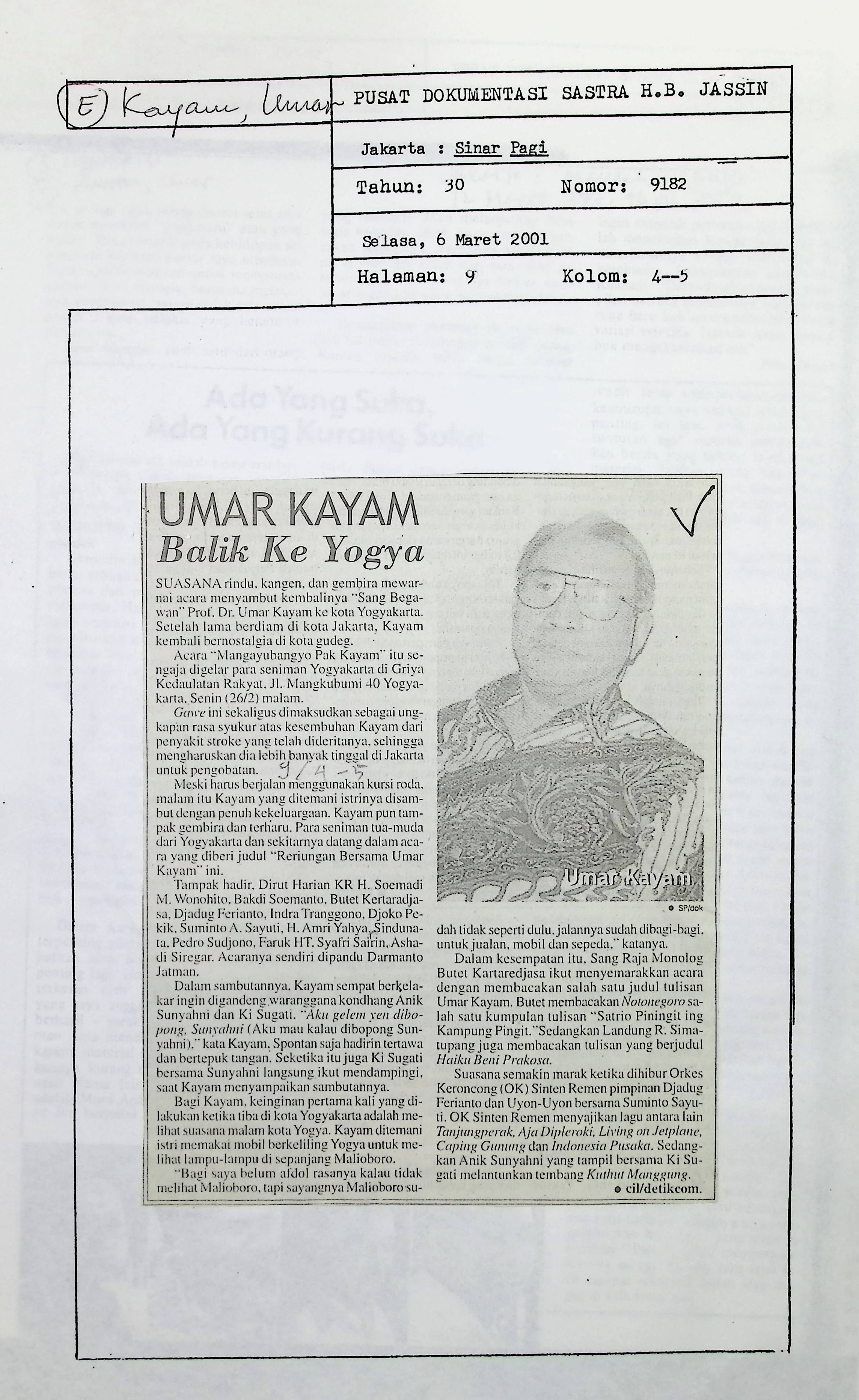 Umar Kayam balik ke Yogya