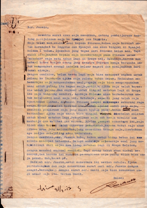 Surat dari Ramadhan K.H. kepada H.B. Jassin mengenai hidup bebas dan Sticusa