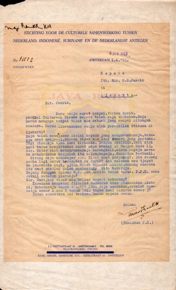 Surat dari Ramadhan K.H. kepada H.B. Jassin mengenai Cultureel Nieuws
