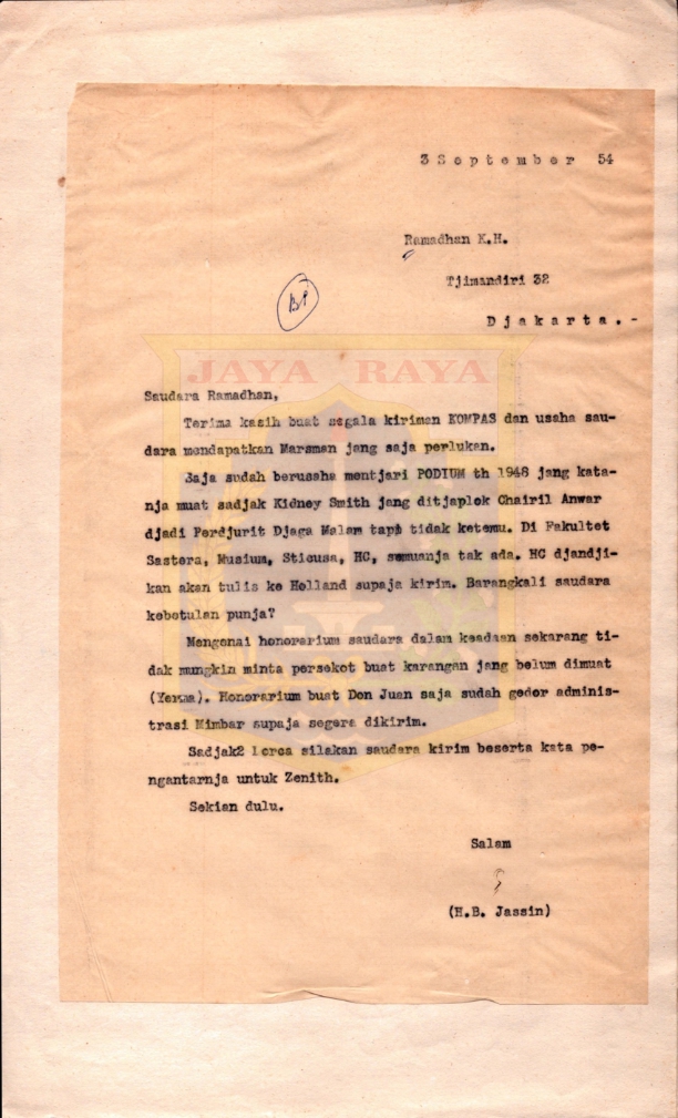 Surat dari H.B. Jassin kepada Ramadhan K.H. mengenai kiriman KOMPAS