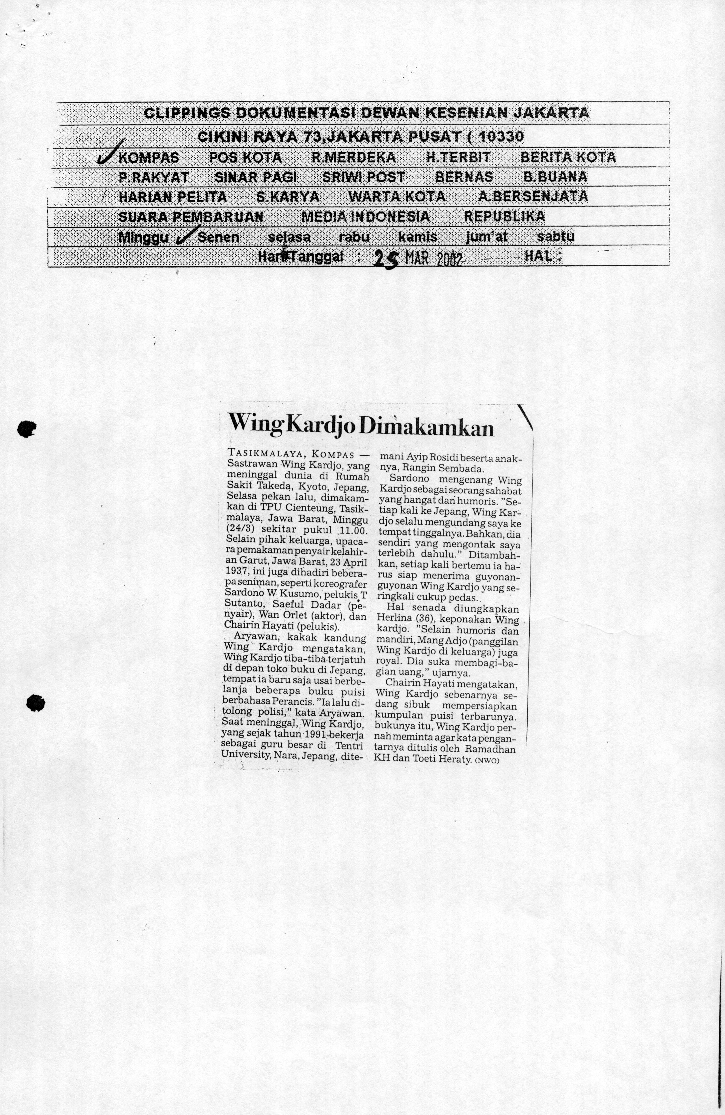 Wing Kardjo dimakamkan