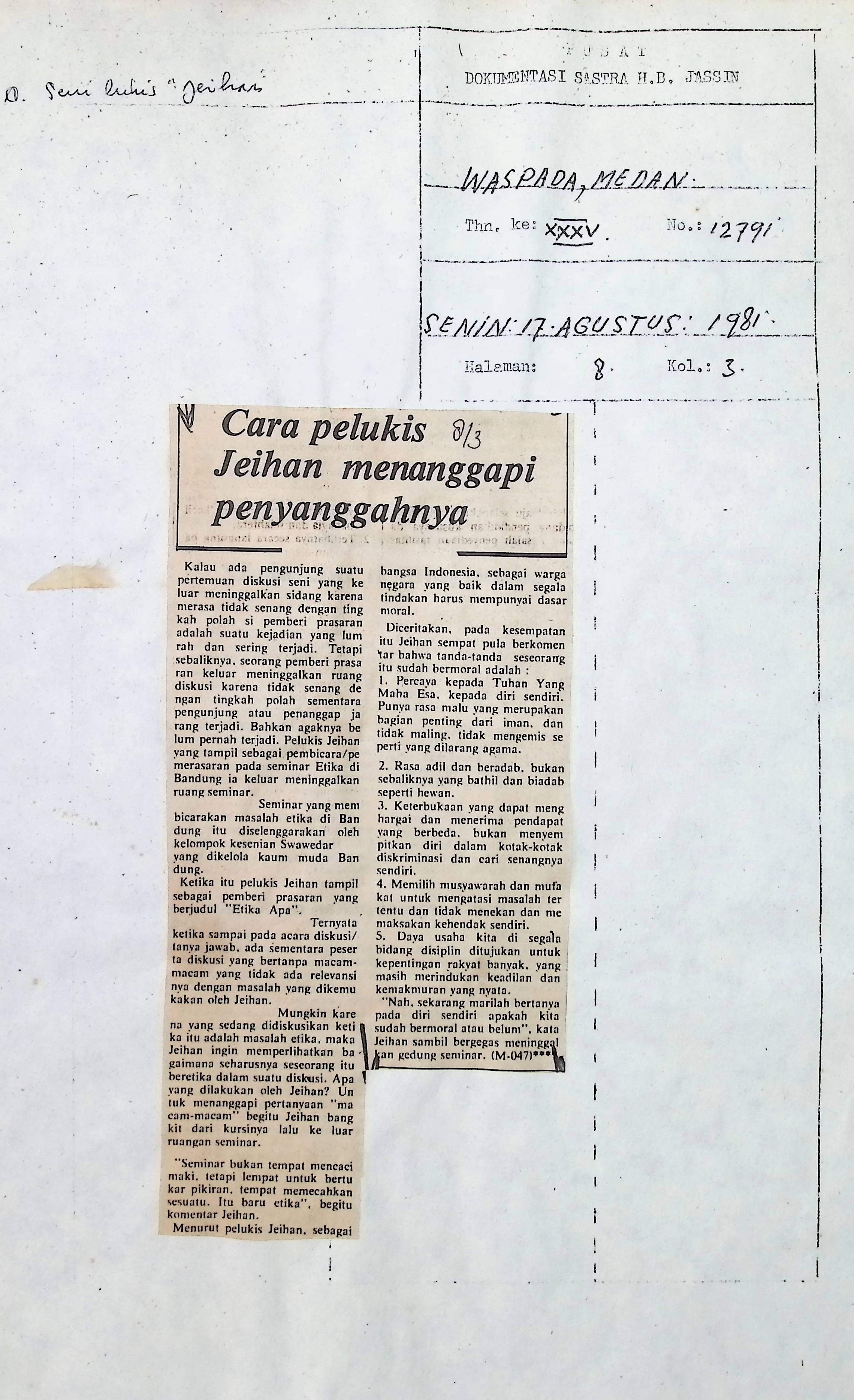 Cara pelukis Jeihan menanggapi penyanggahnya