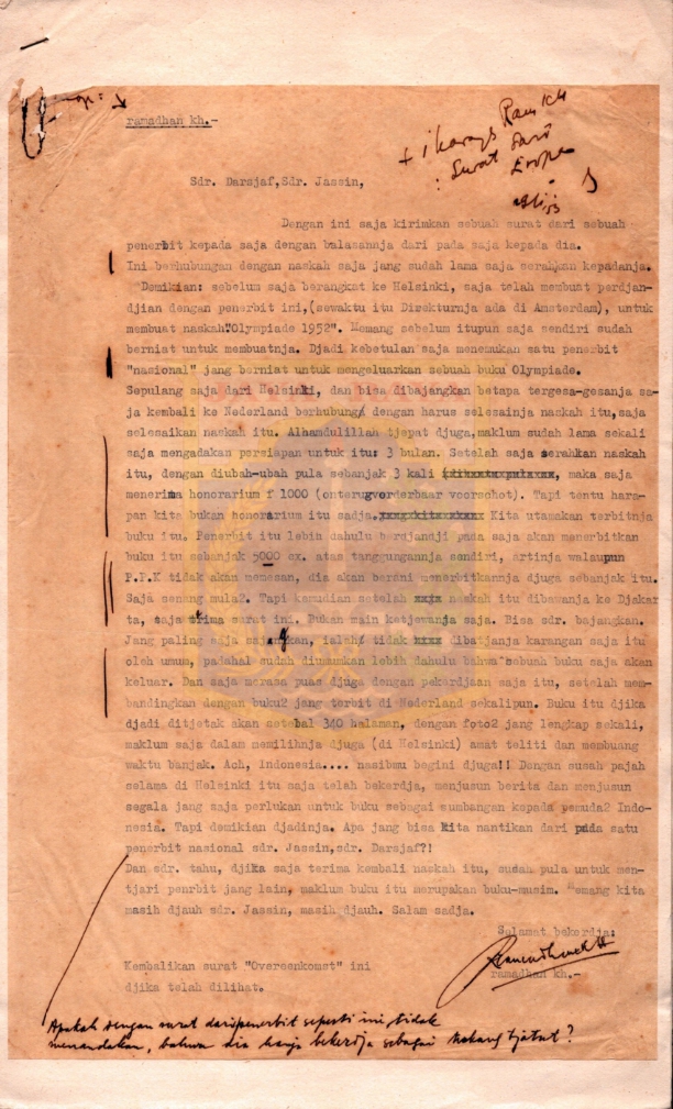 Surat dari Ramadhan K.H. kepada H.B. Jassin dan Darsjaf Rahman