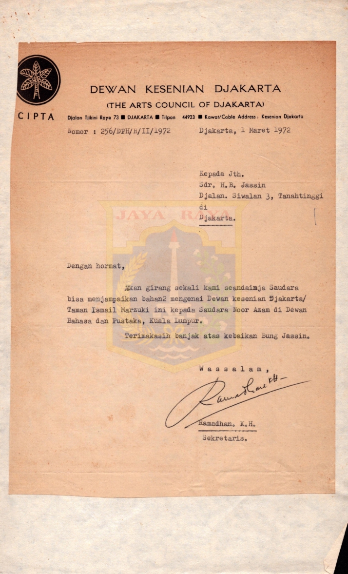 Surat dari Ramadhan K.H. kepada H.B. Jassin mengenai bahan DKJ