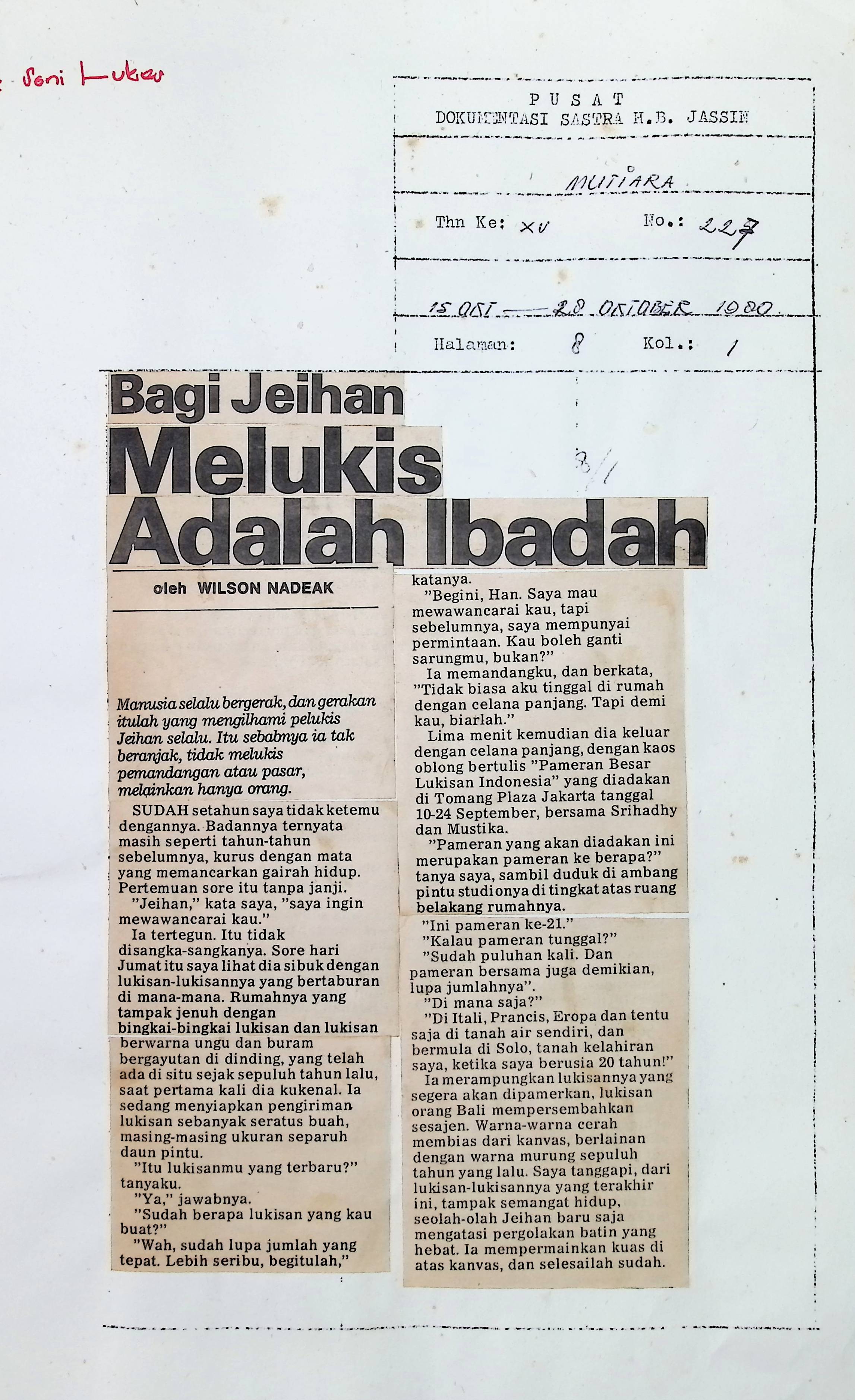 Bagi Jeihan melukis adalah ibadah