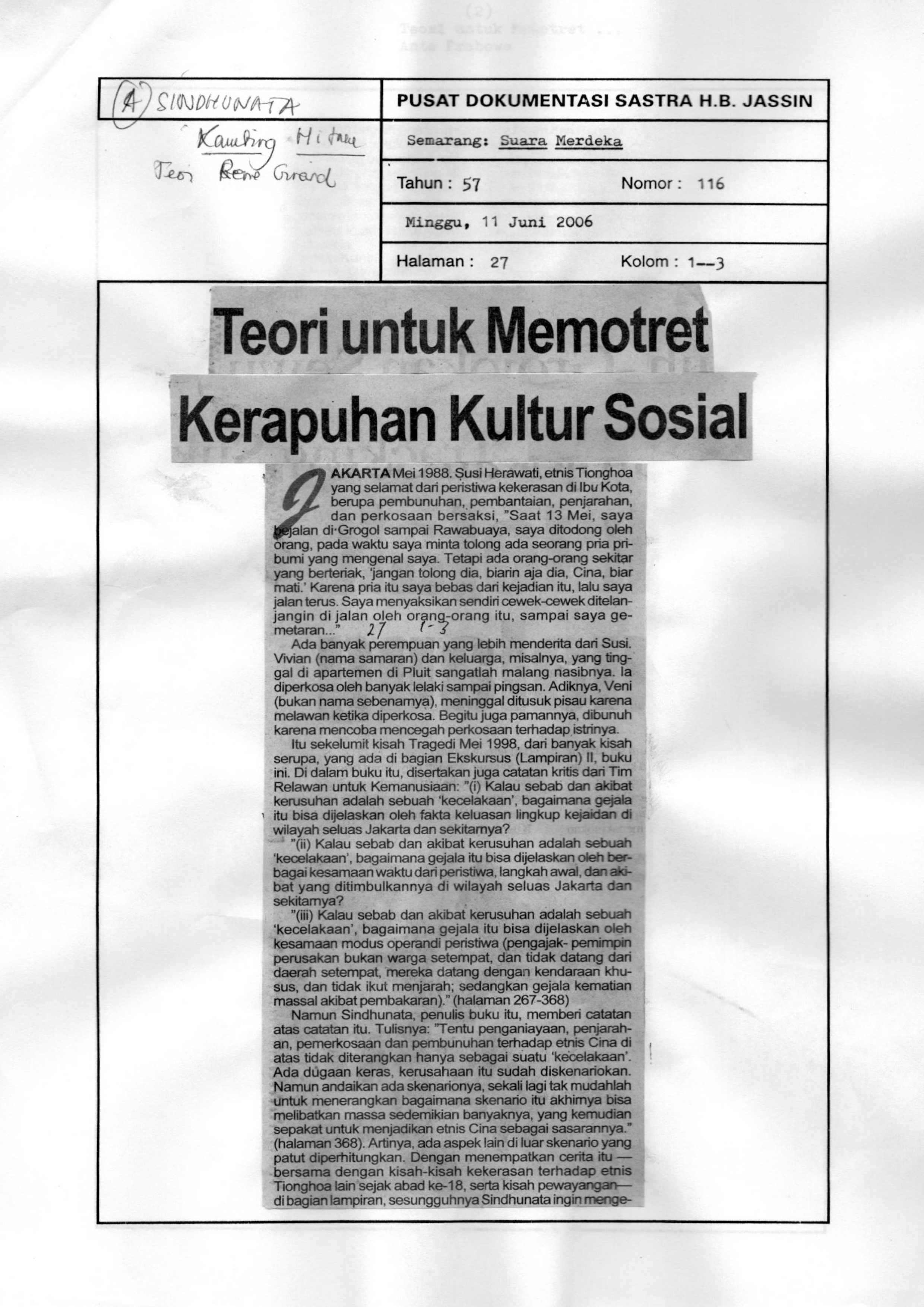 Teori untuk memotret kerapuhan kultur sosial : timbangan buku "kambing hitam teori Rene Girard" karya Sindhunata
