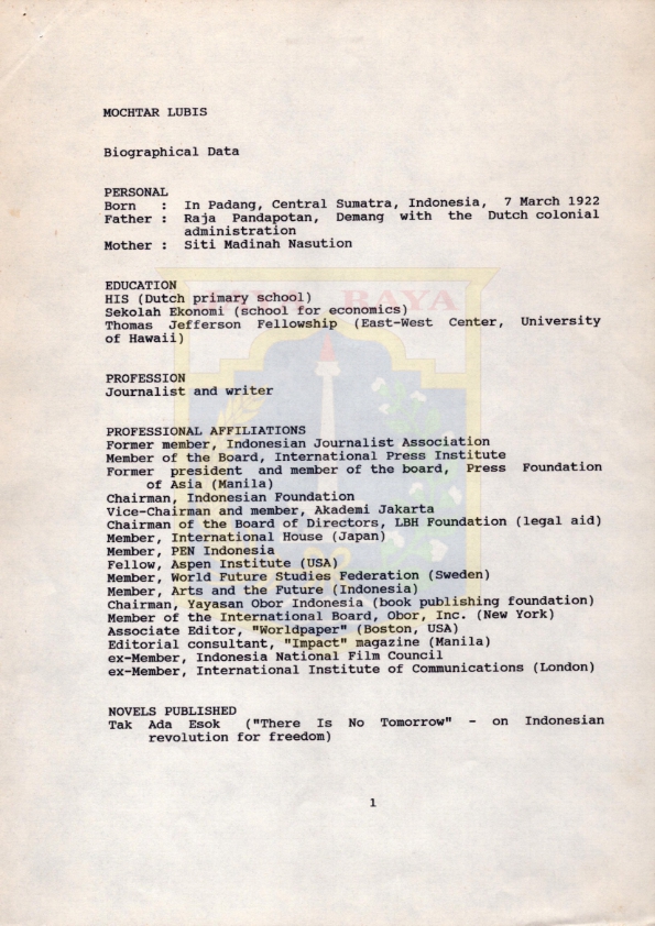 Mochtar Lubis, biographical data