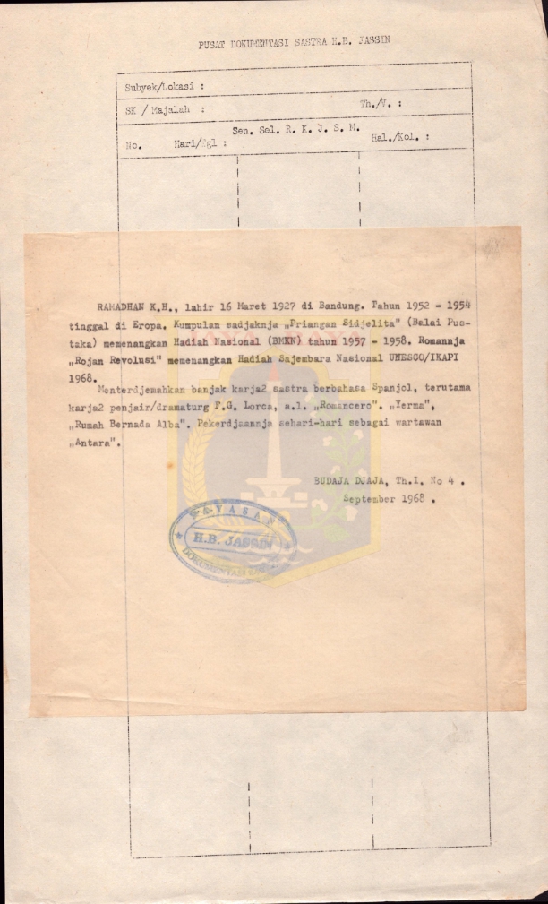 Riwayat hidup Ramadhan KH, lahir 16 Maret 1927 di Bandung