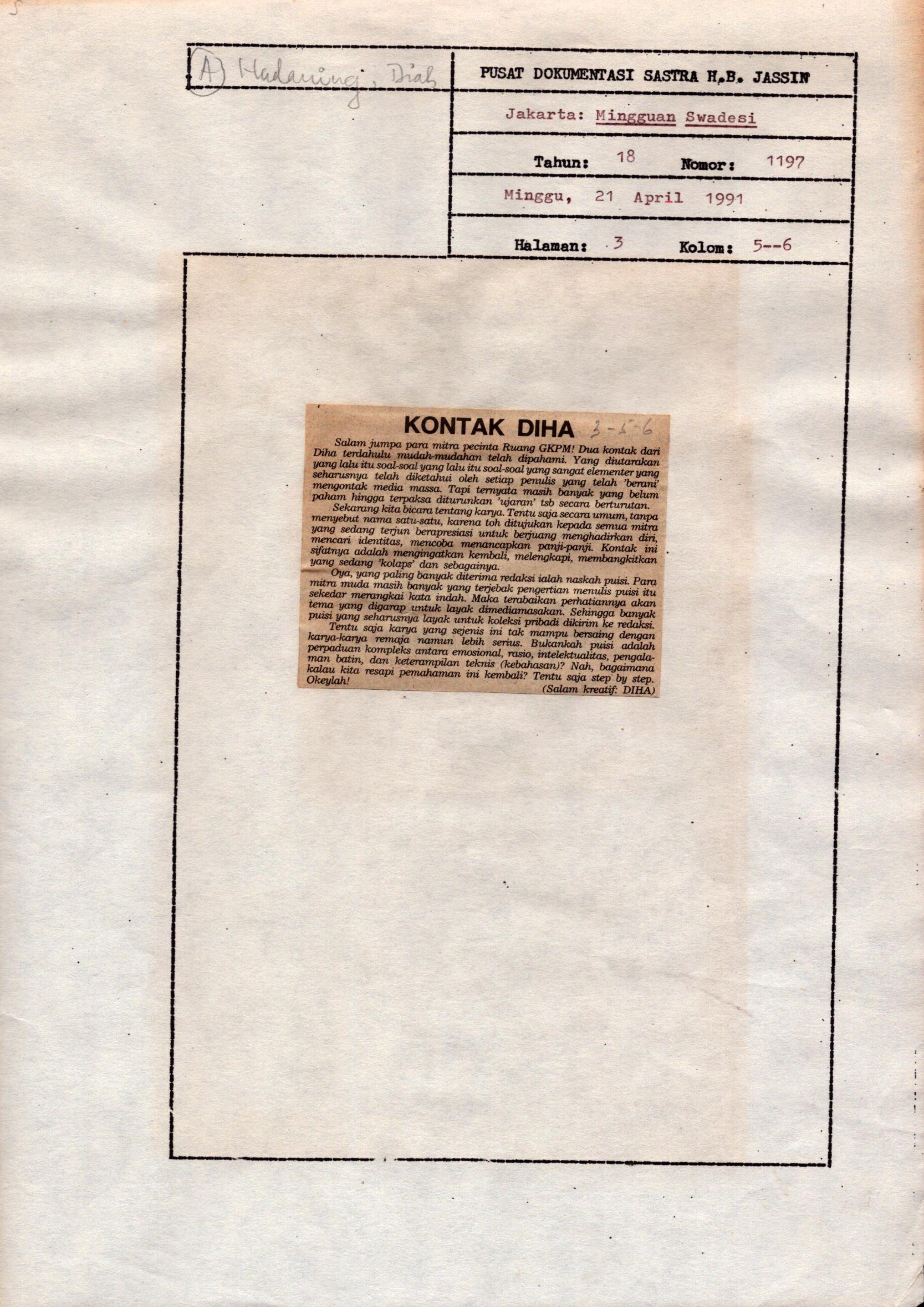 Kontak Diha (21 April 1991)