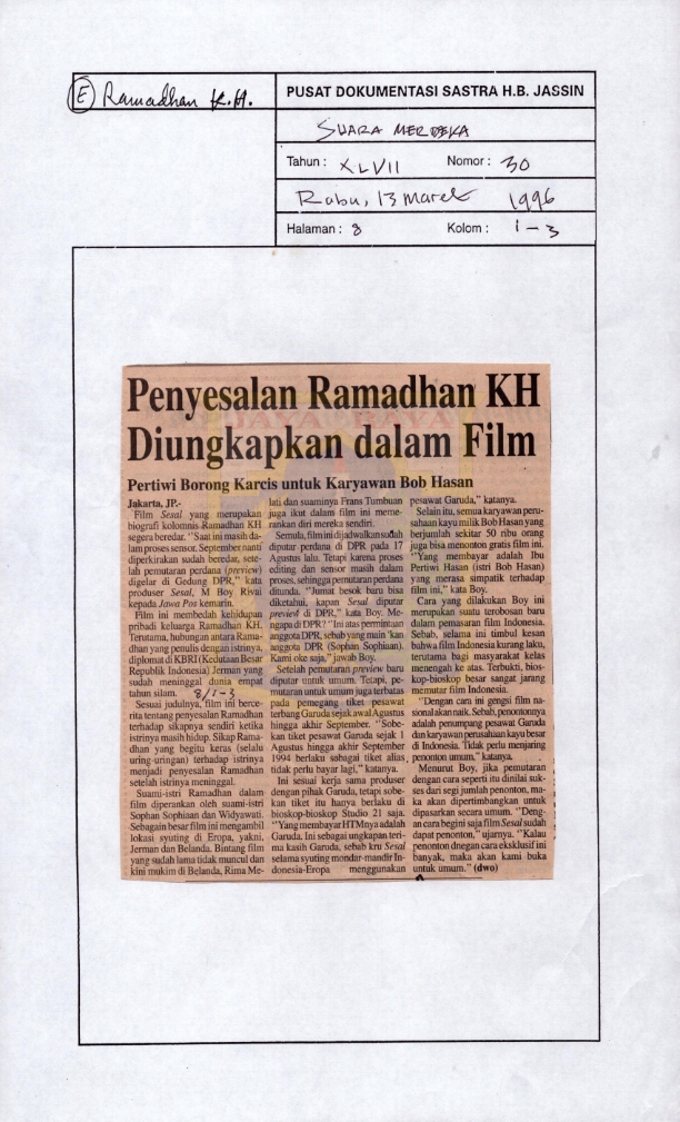 Penyesalan Ramadhan KH diungkapkan dalam film : pertiwi borong karcis untuk karyawan Bob Hasan
