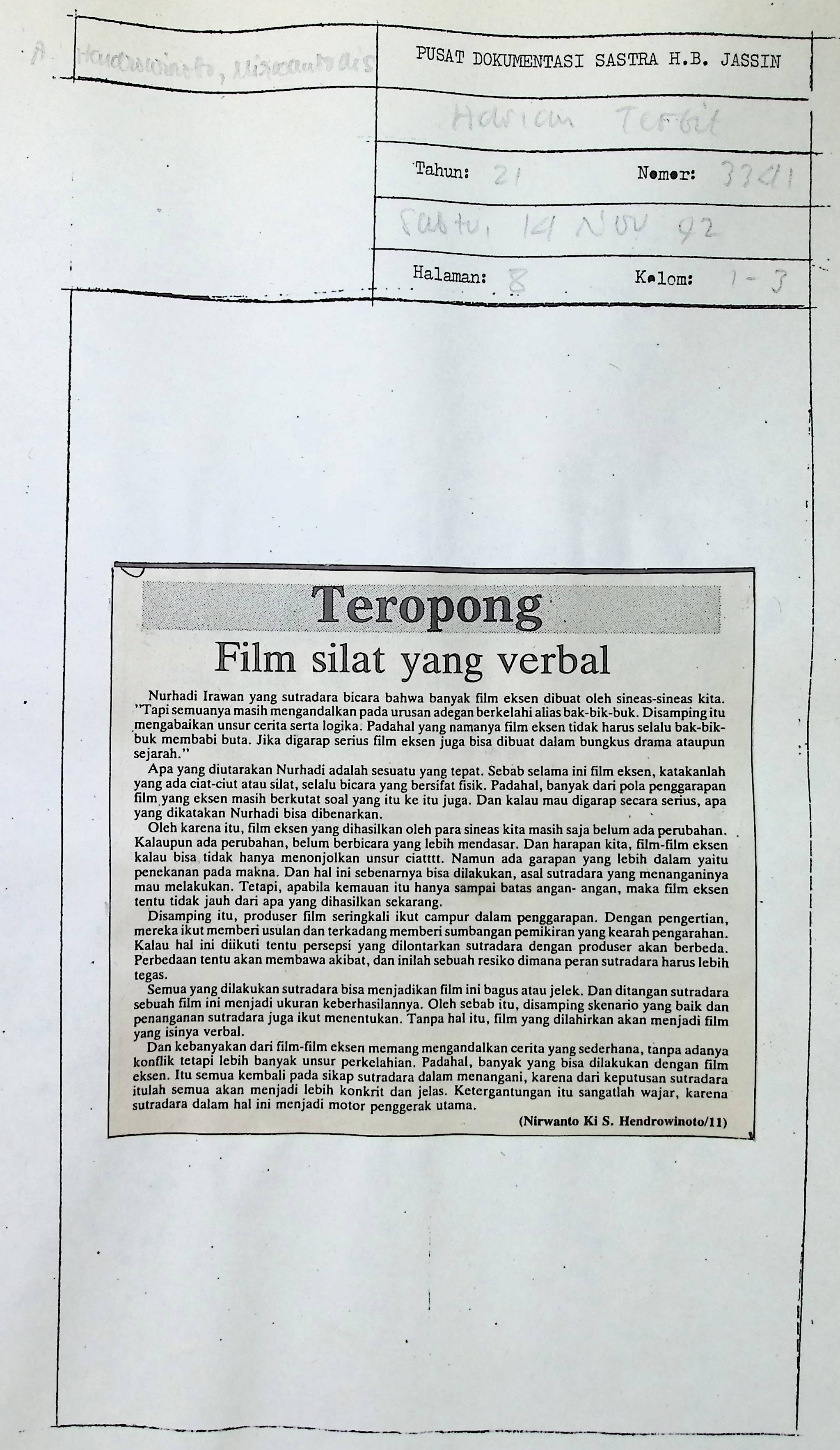 Film silat yang verbal / Nirwanto Ki S. Hendrowinoto