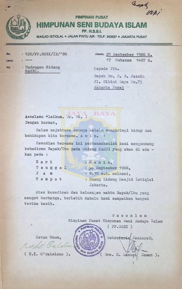 Surat undangan sidang MASBI untuk HB Jassin (21 September 1986)