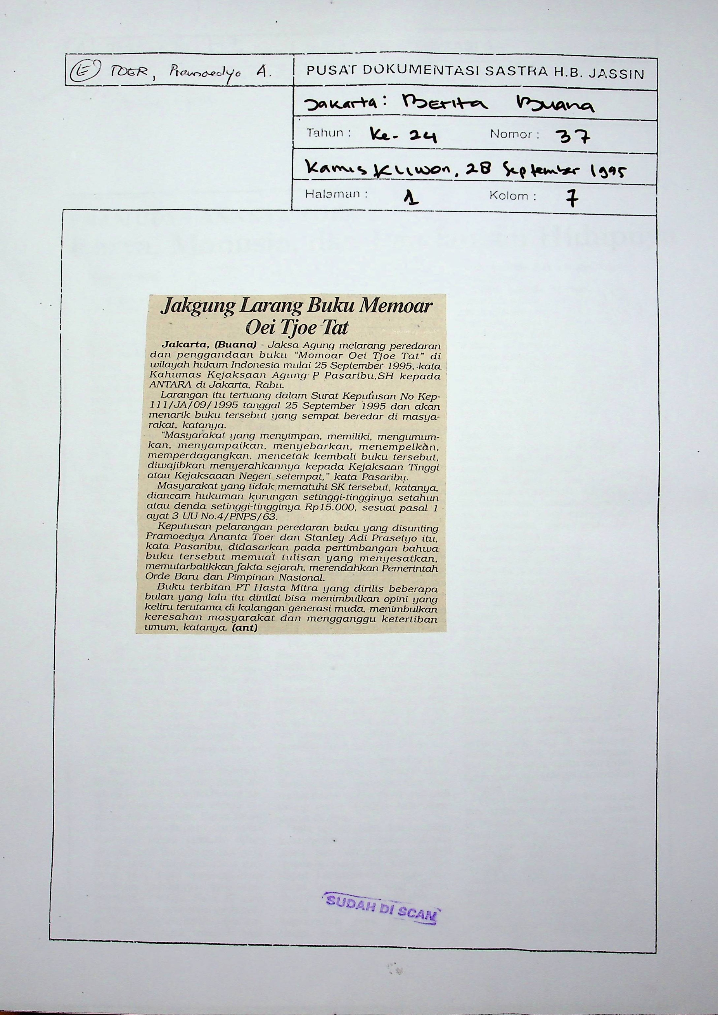 Jakgung larang buku memoar Oei Tjoe Tat / Pramoedya Ananta Toer