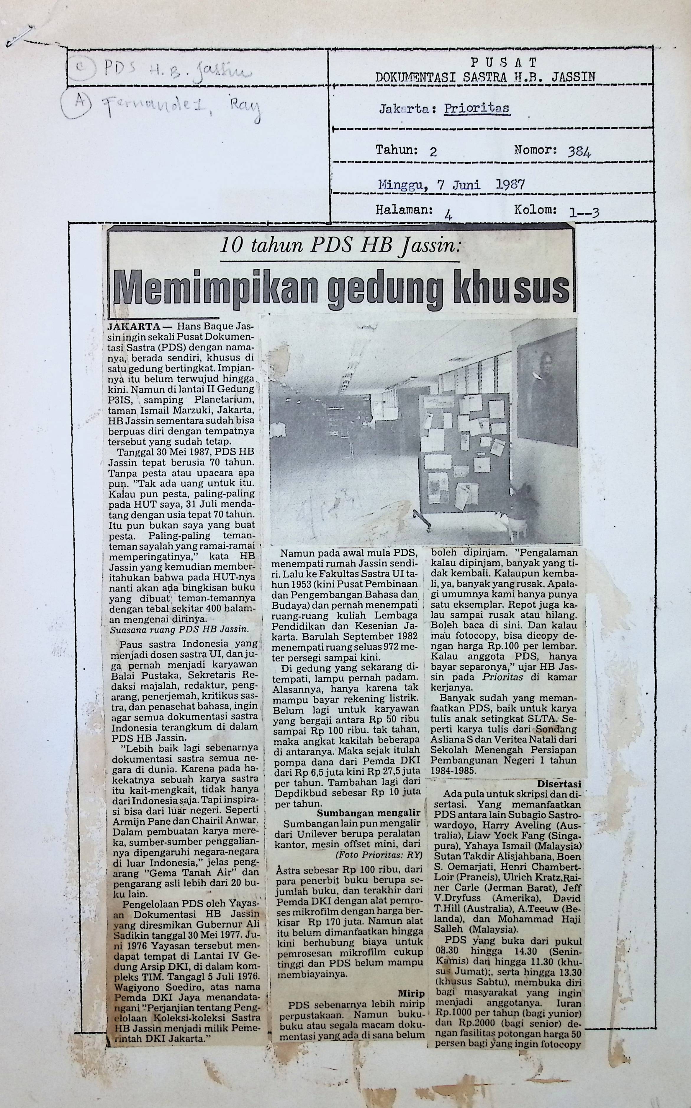 10 tahun PDS HB Jassin : memimpikan gedung khusus